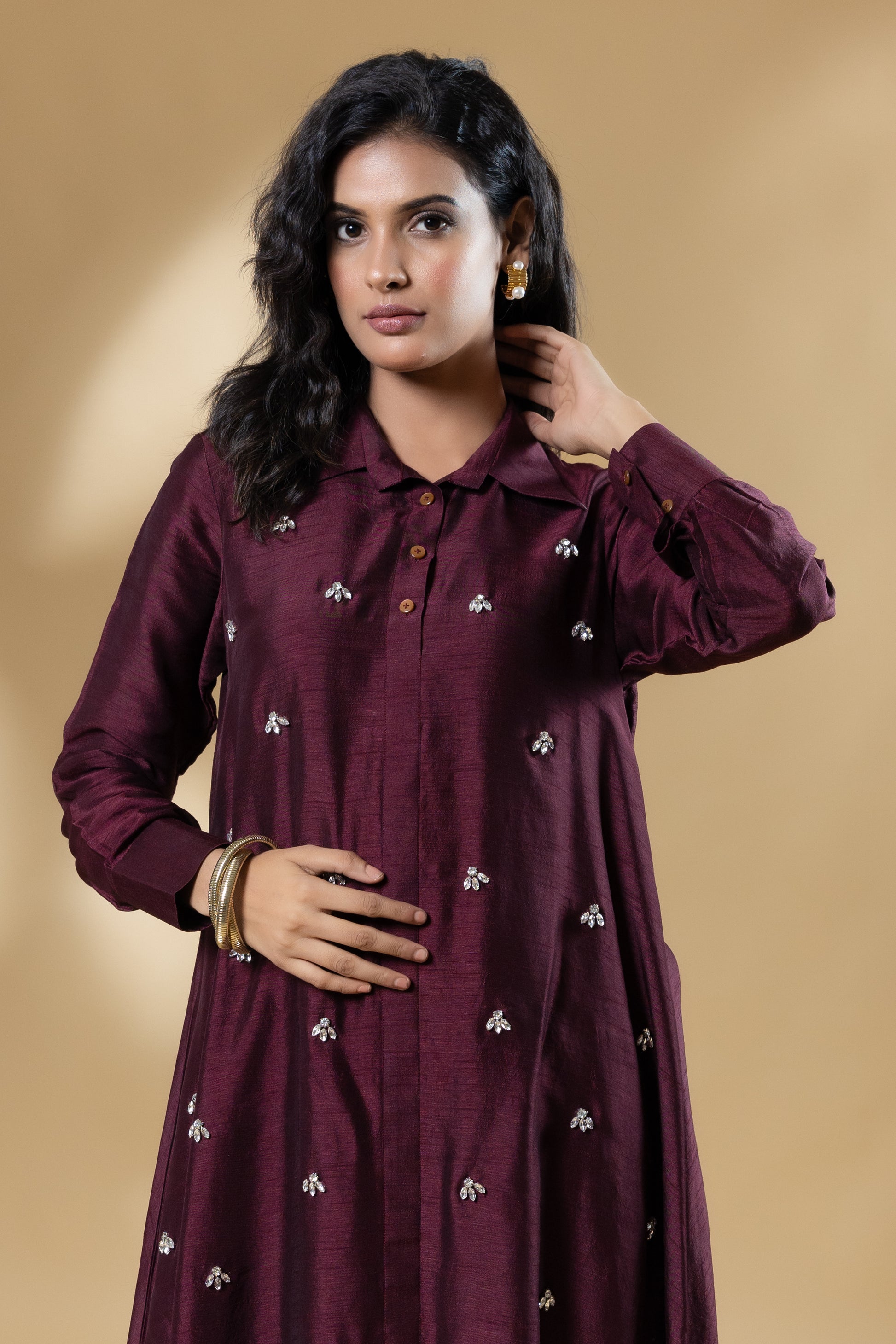 Maroon Bemberg Silk Gin Stone Dress