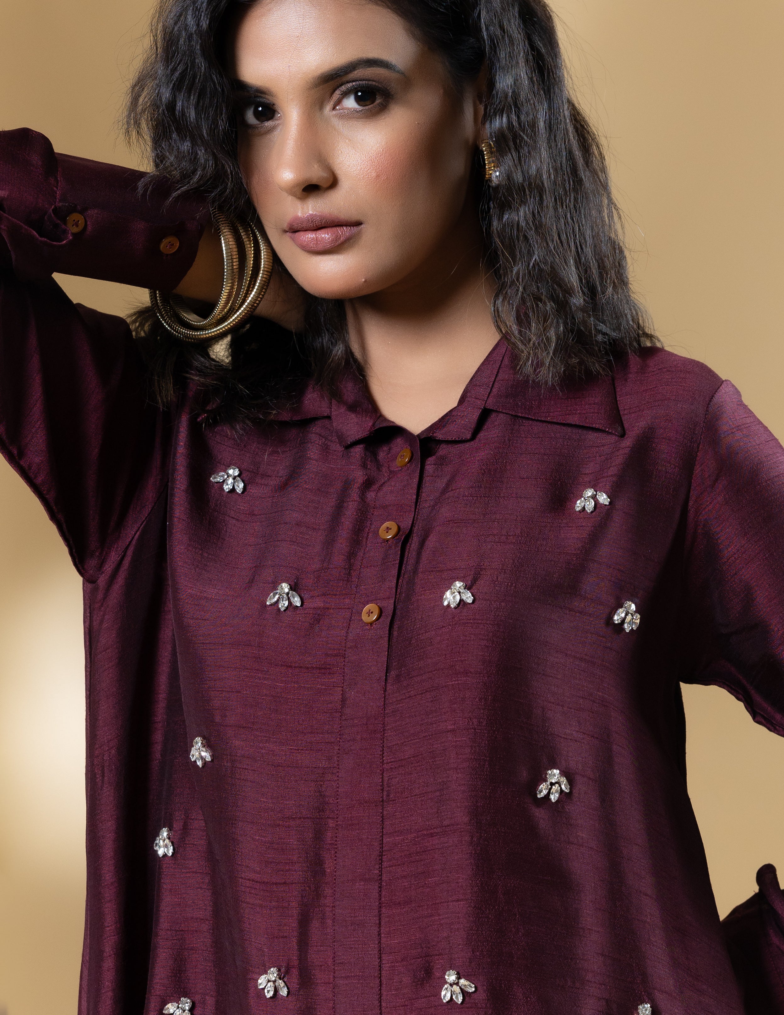 Maroon Bemberg Silk Gin Stone Dress