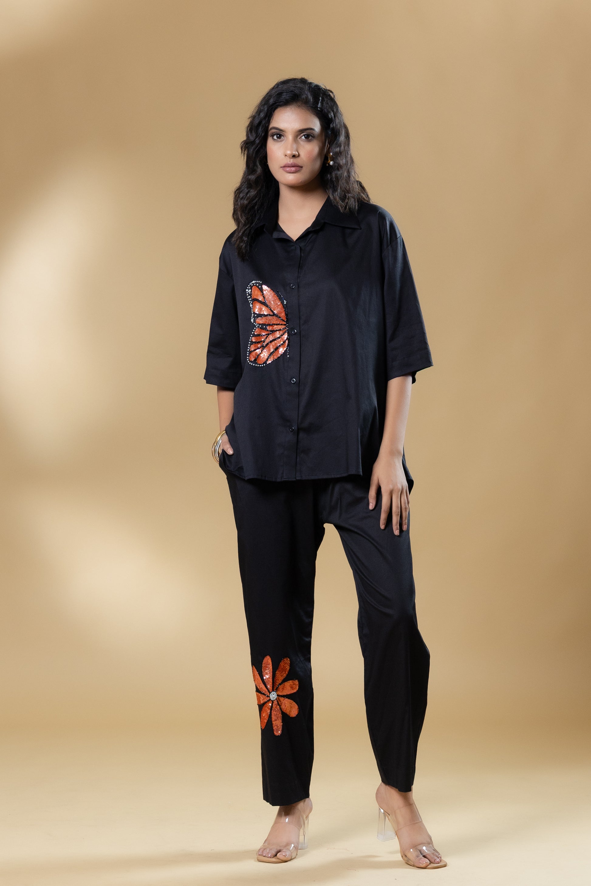 Black Italian Cotton Sequin Butterfly Co-ord