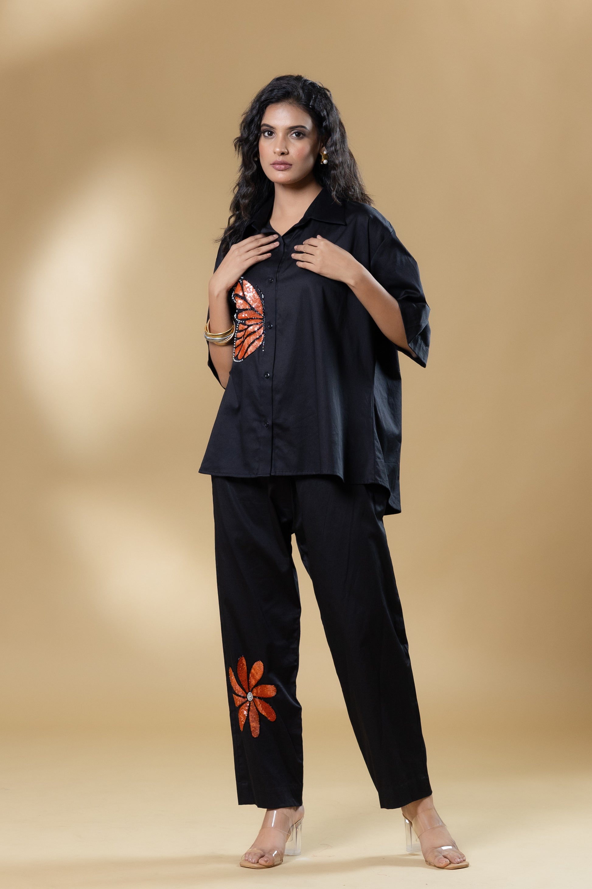 Black Italian Cotton Sequin Butterfly Co-ord