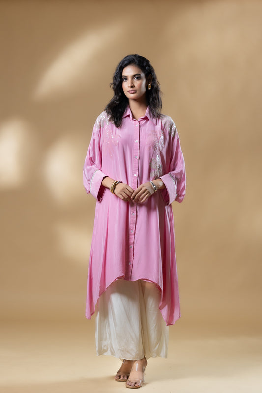 Pink Crepe Scattered Sequin Flower Co-ord