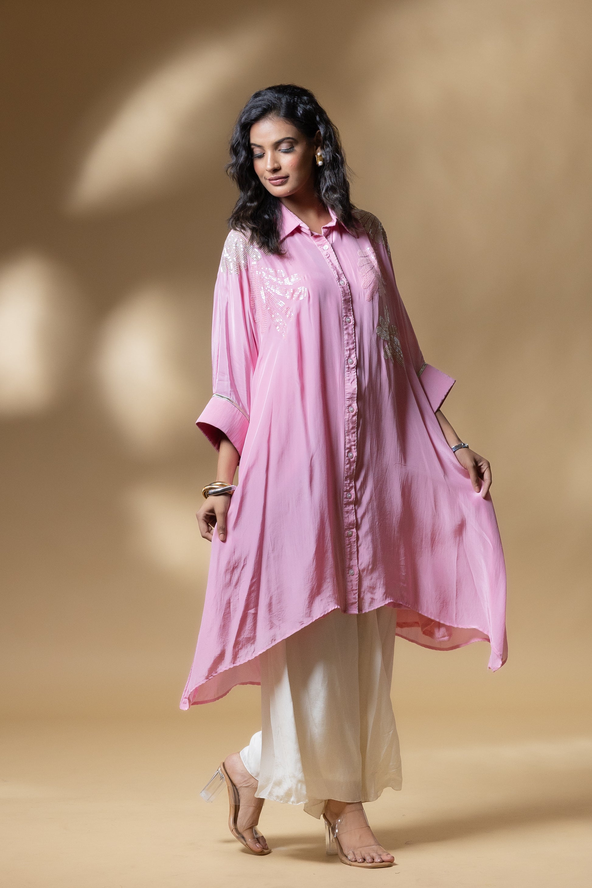 Pink Crepe Scattered Sequin Flower Co-ord