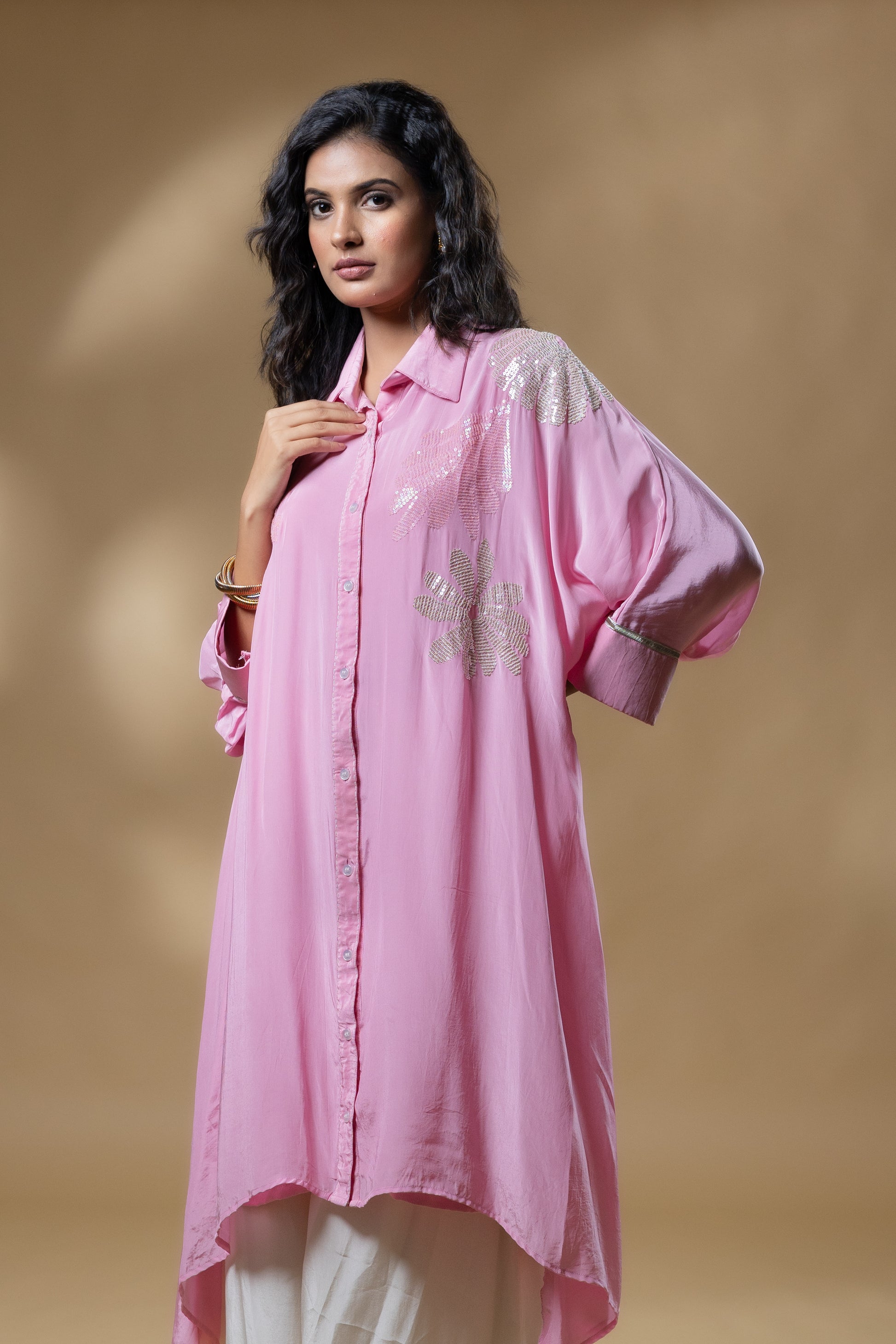 Pink Crepe Scattered Sequin Flower Co-ord