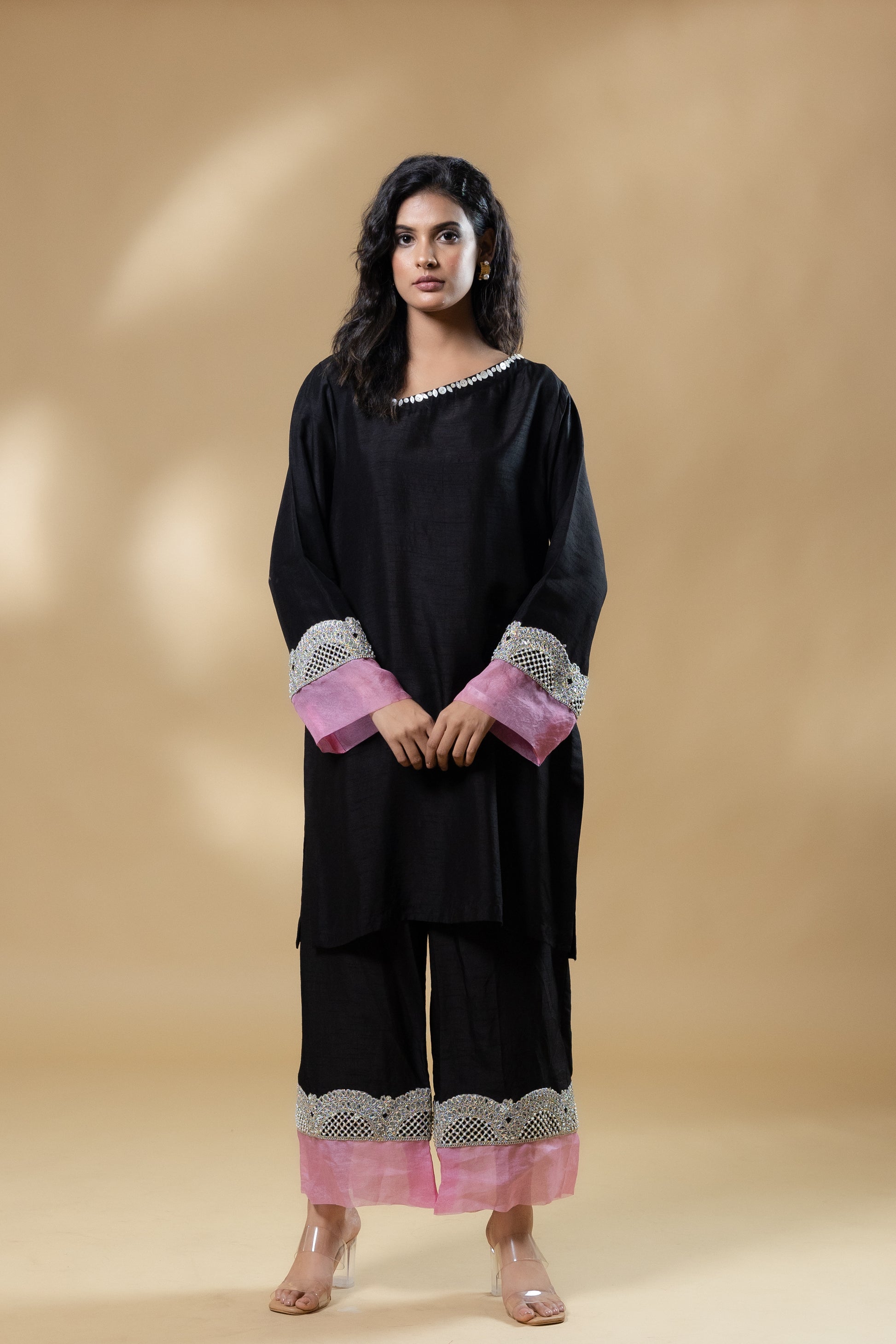 Black Bemberg Silk Button Neck Co-ord