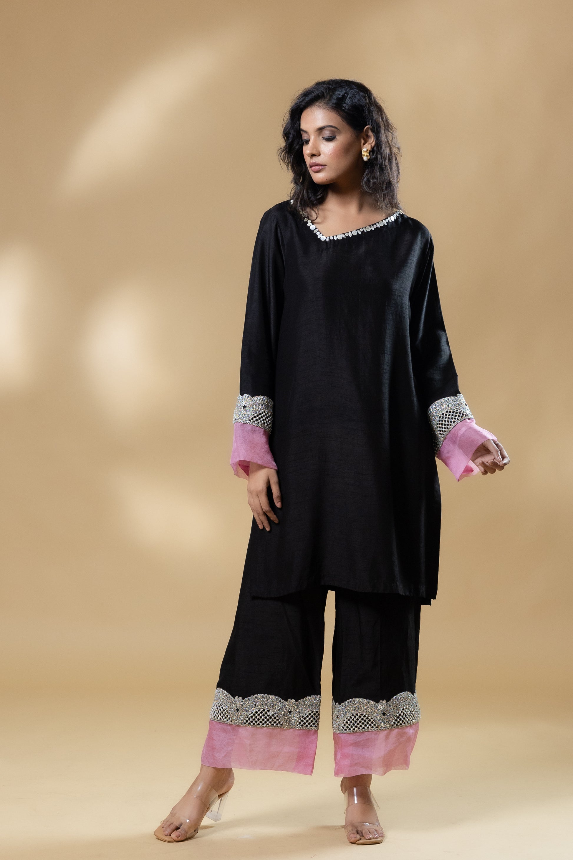 Black Bemberg Silk Button Neck Co-ord