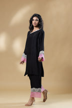 Black Bemberg Silk Button Neck Co-ord