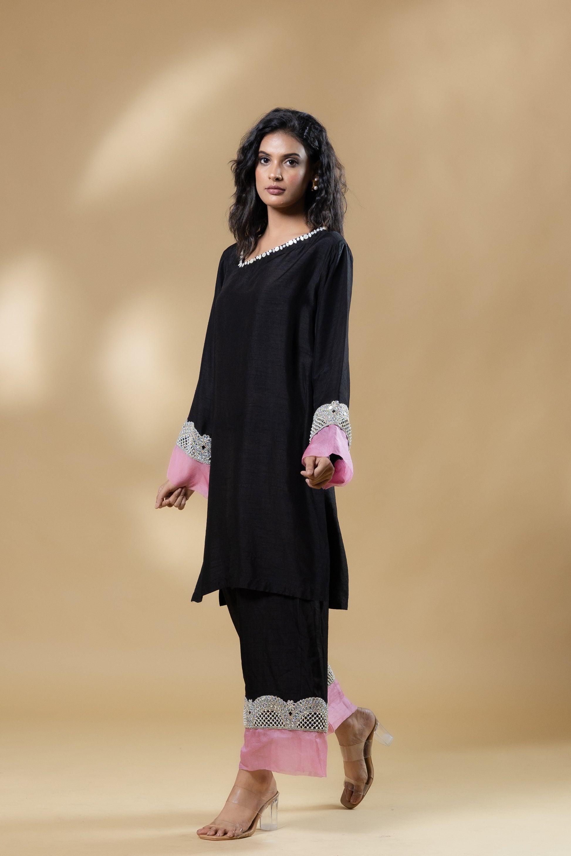 Black Bemberg Silk Button Neck Co-ord