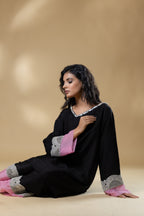 Black Bemberg Silk Button Neck Co-ord