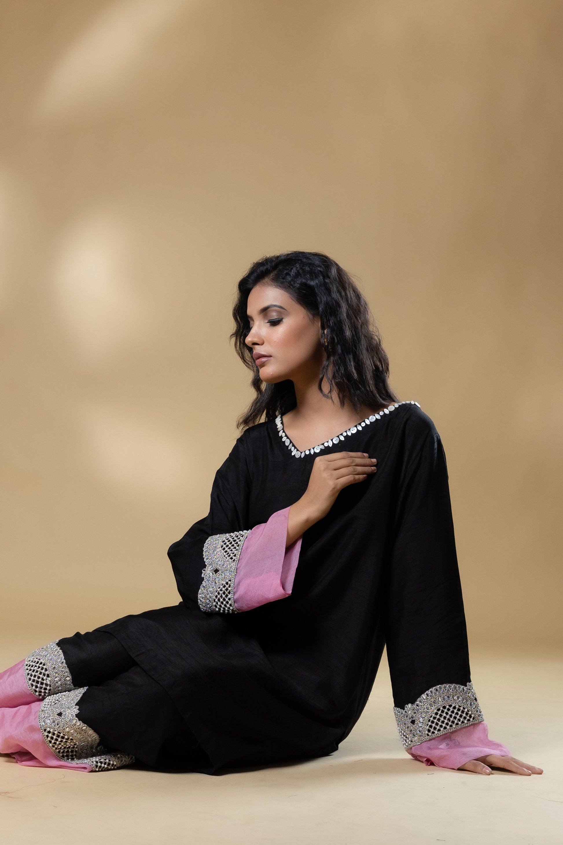 Black Bemberg Silk Button Neck Co-ord