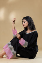 Black Bemberg Silk Button Neck Co-ord