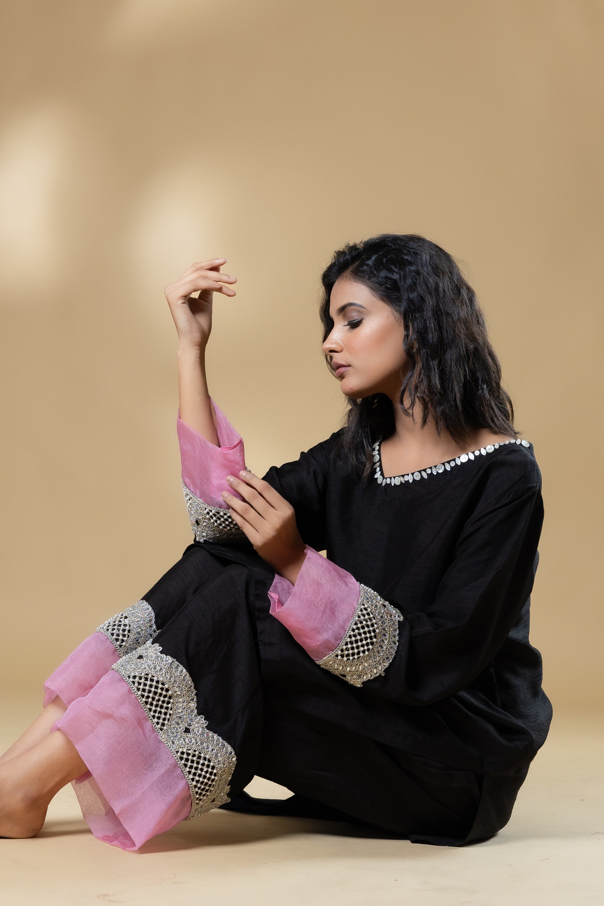 Black Bemberg Silk Button Neck Co-ord