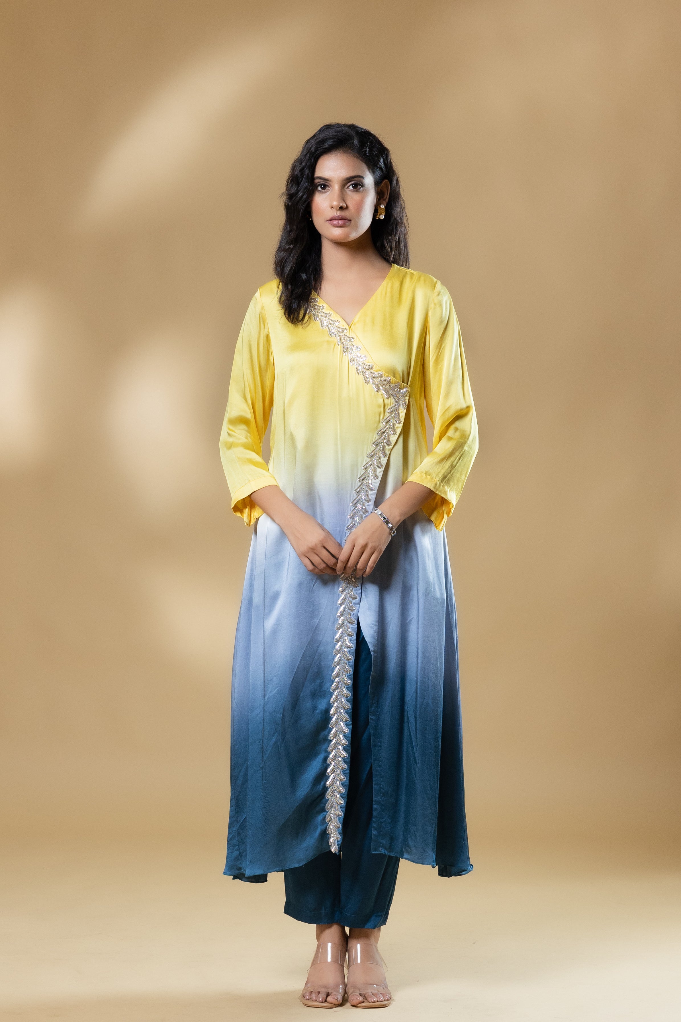 Yellow & Blue Bemberg Satin Ombre Long Dress