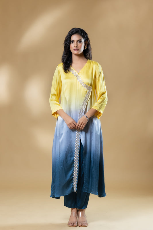 Yellow & Blue Bemberg Satin Ombre Long Dress