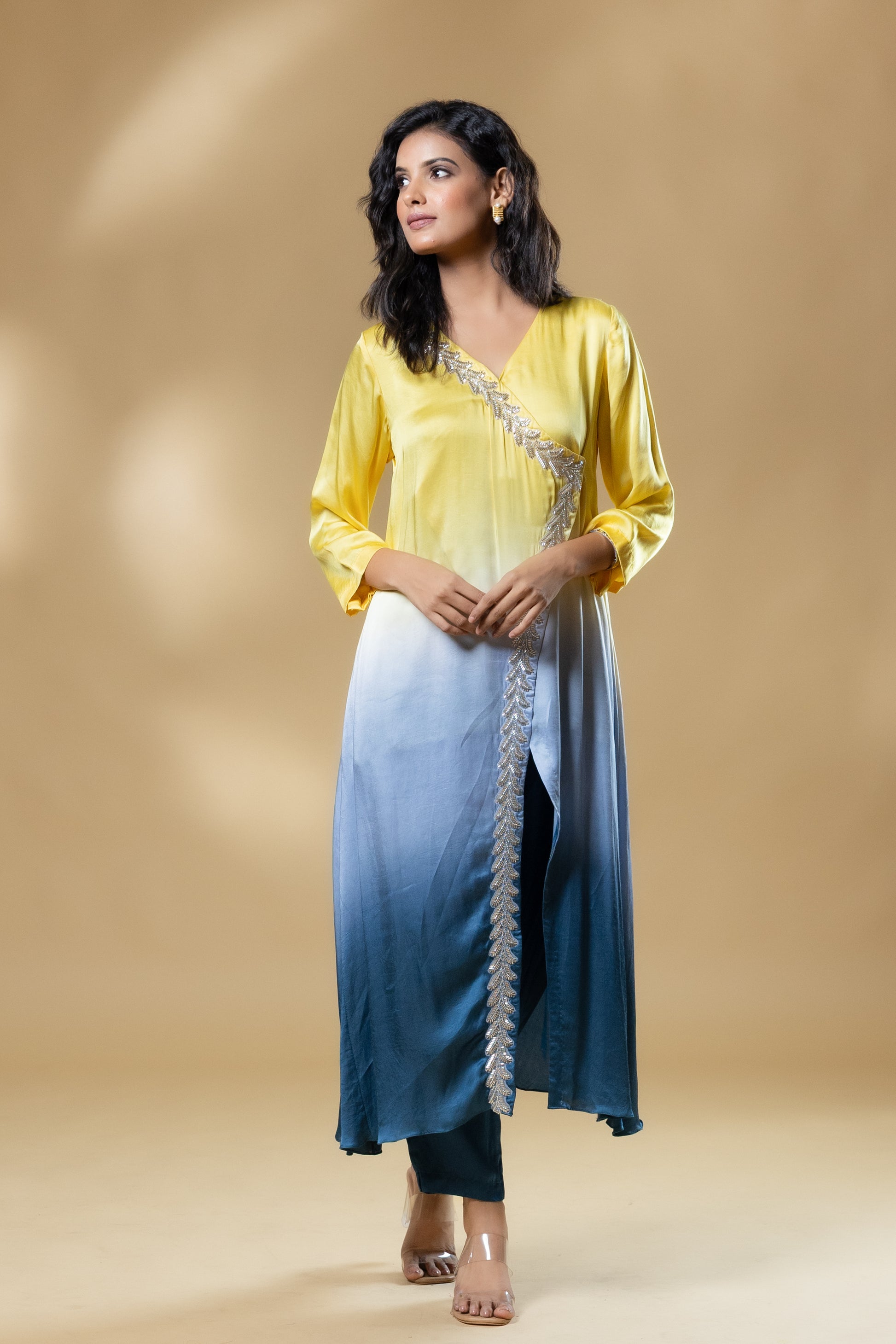 Yellow & Blue Bemberg Satin Ombre Long Dress