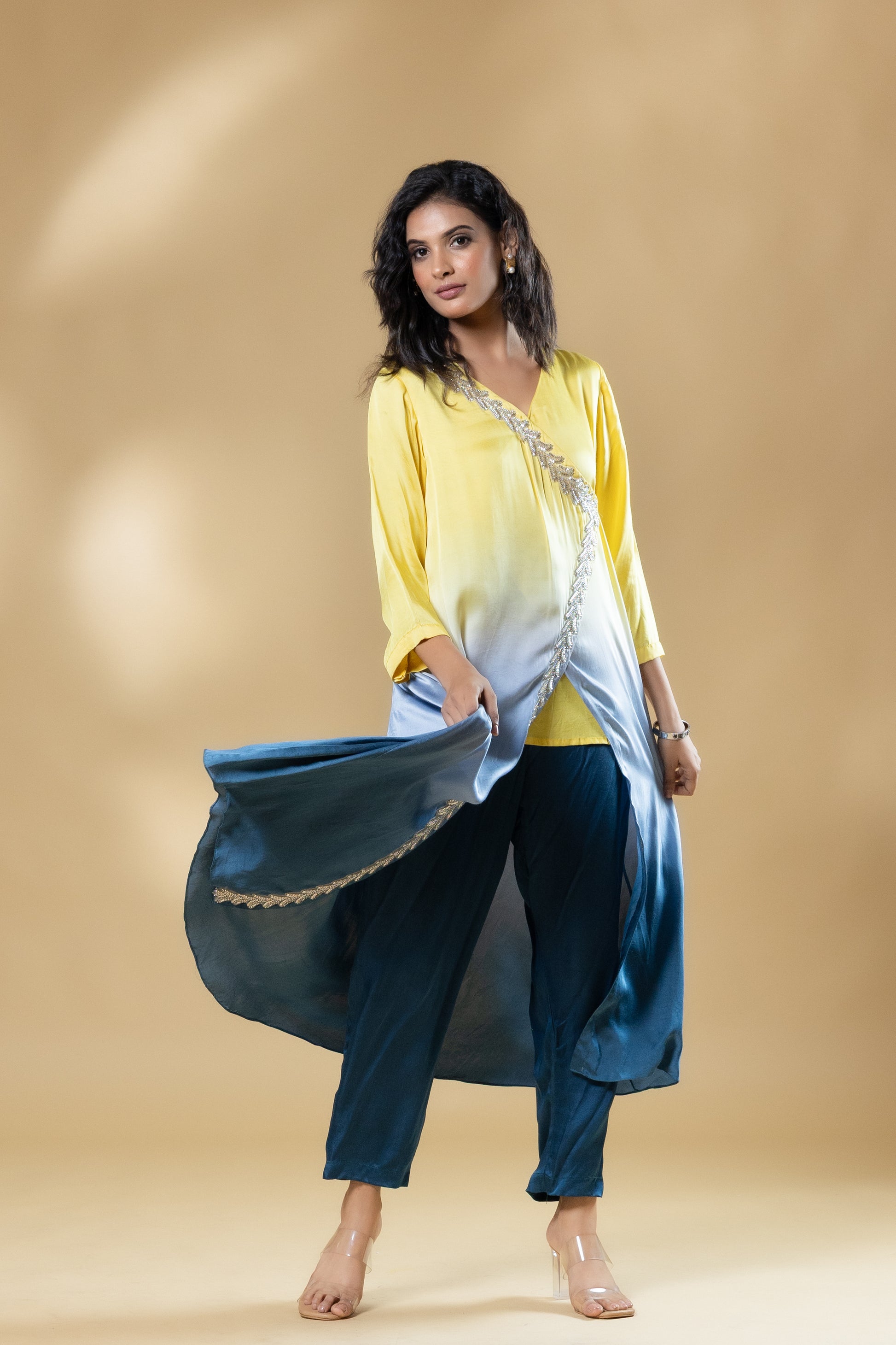 Yellow & Blue Bemberg Satin Ombre Long Dress