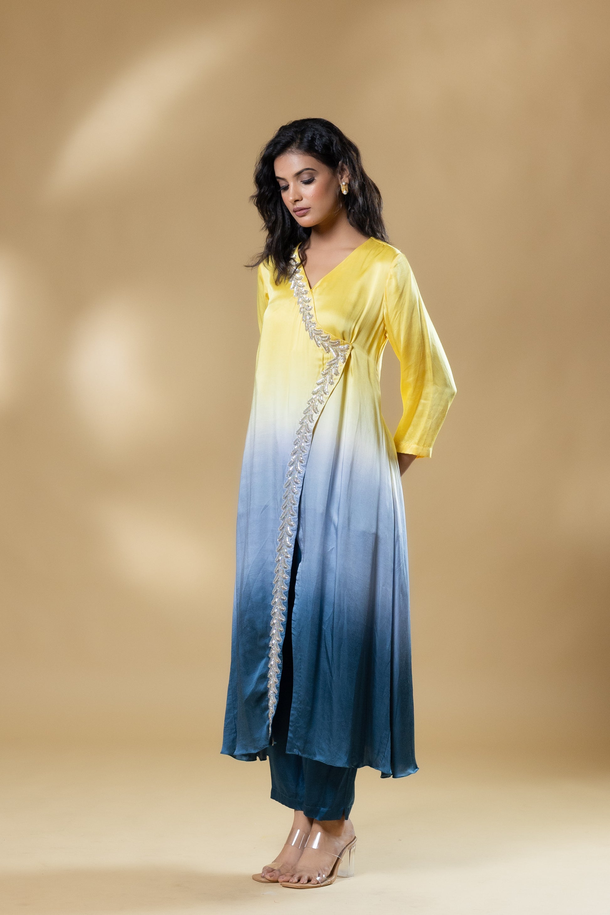 Yellow & Blue Bemberg Satin Ombre Long Dress