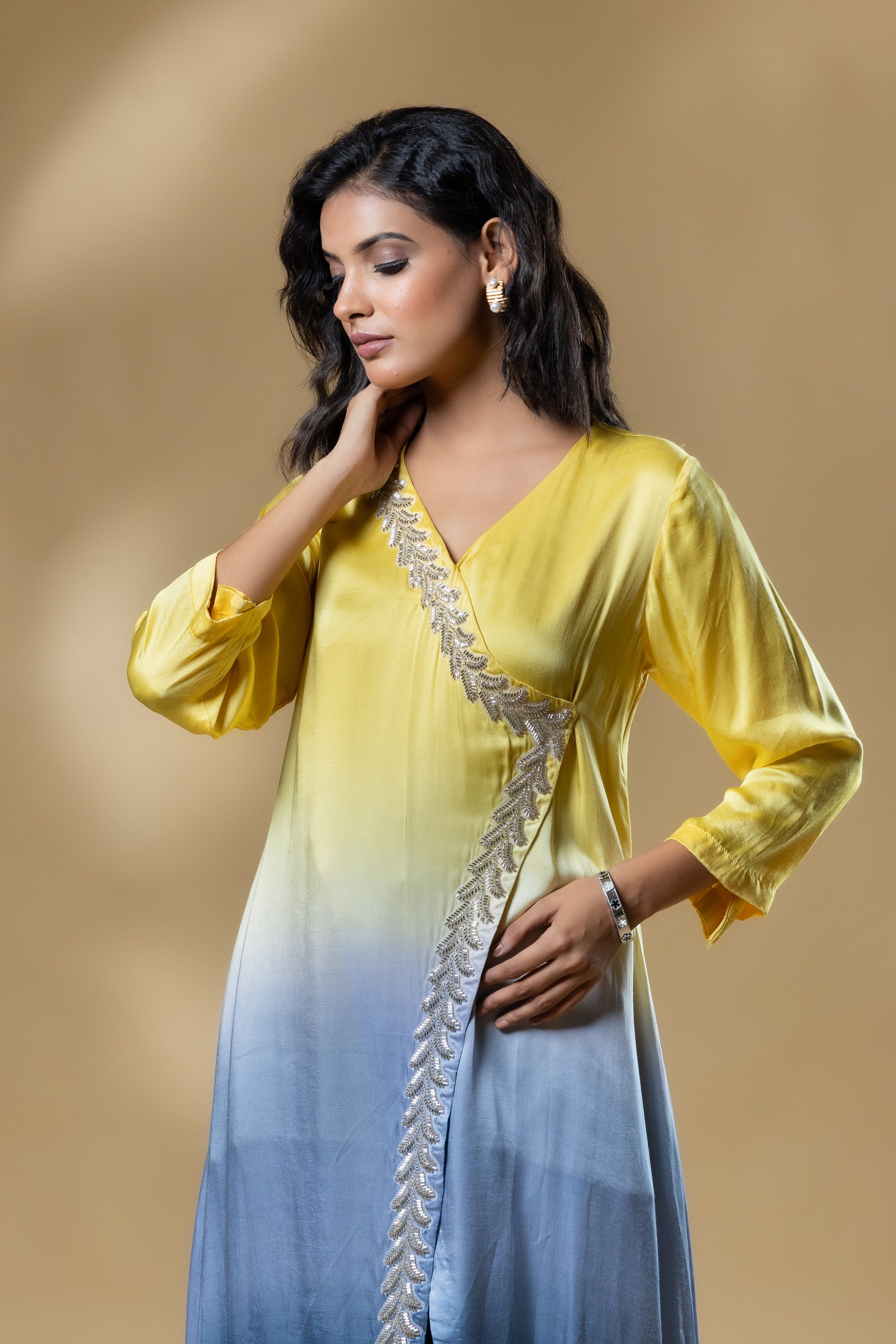 Yellow & Blue Bemberg Satin Ombre Long Dress
