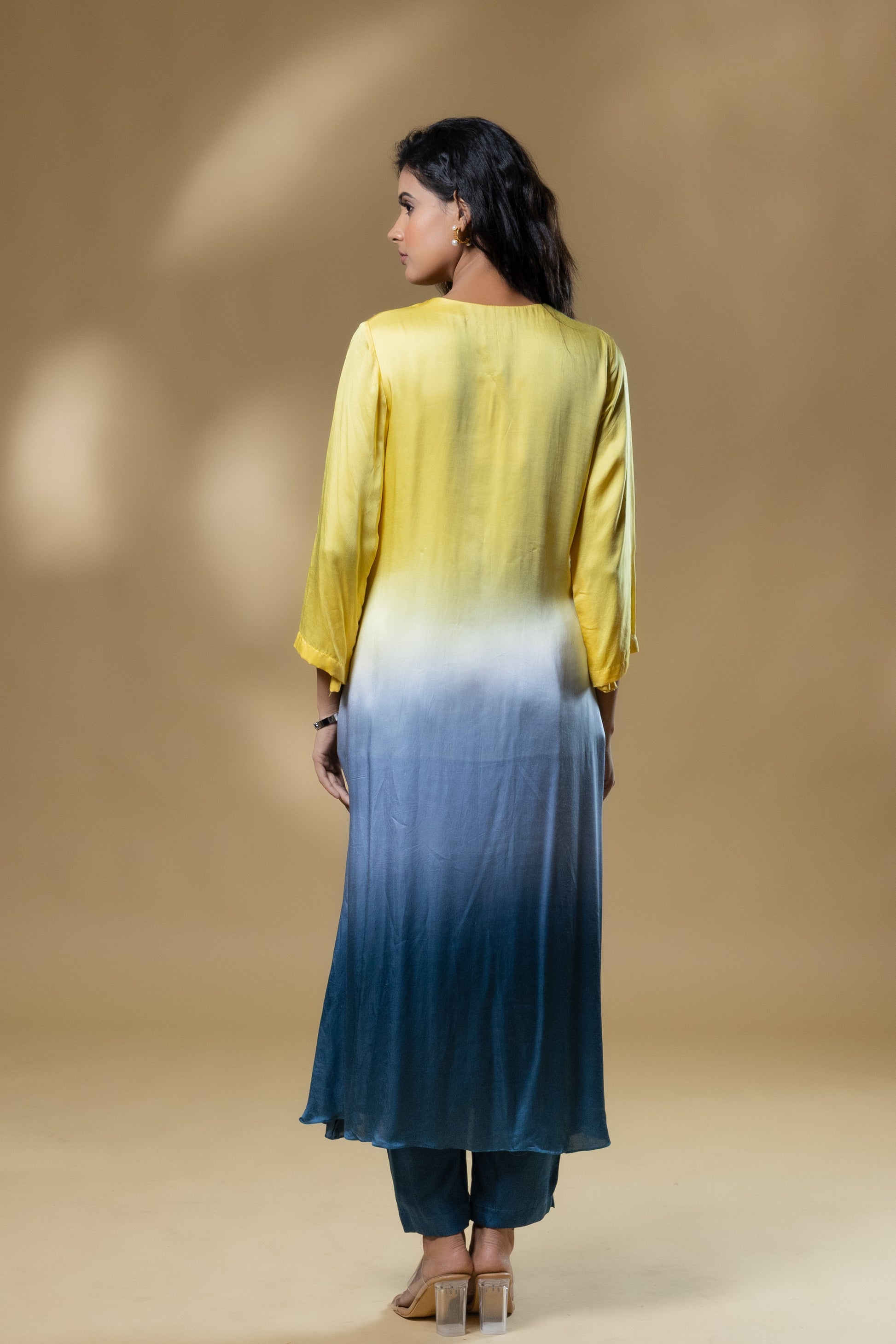 Yellow & Blue Bemberg Satin Ombre Long Dress