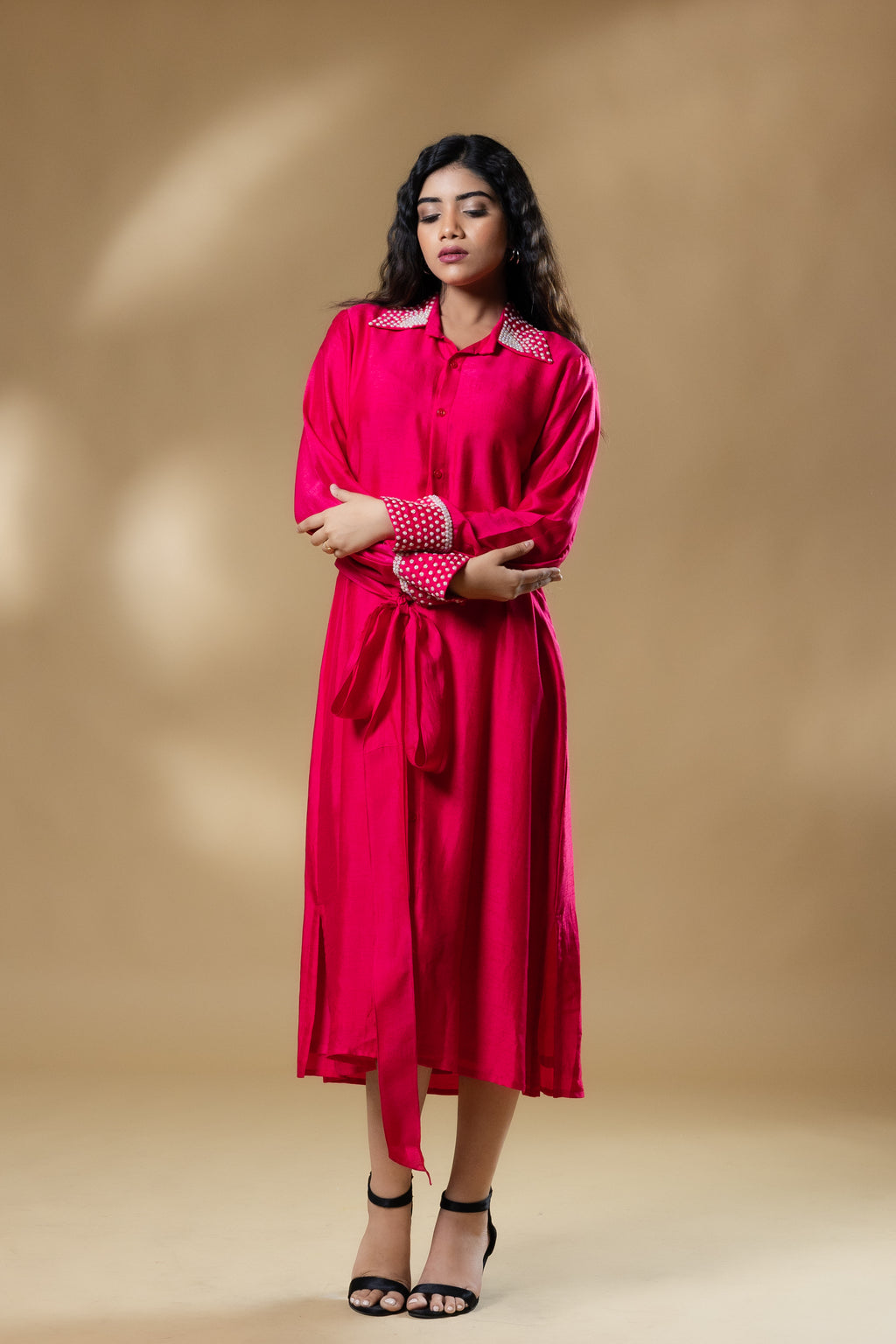 Magenta Pink Bemberg Silk Pearl Embroidered Long Dress