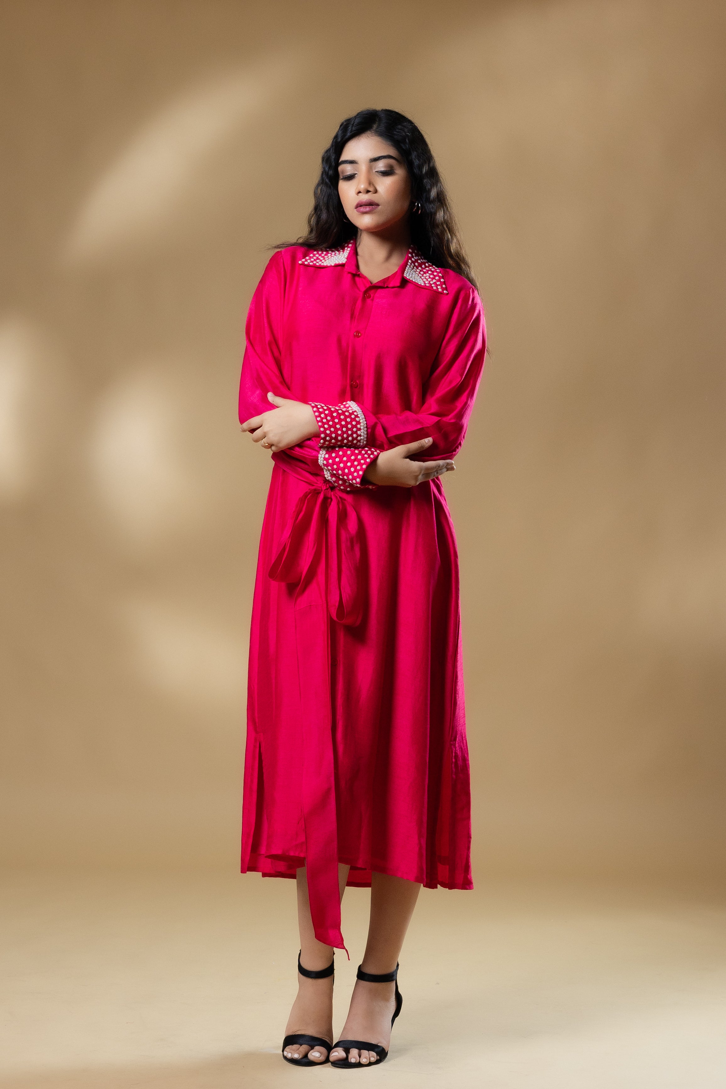 Magenta Pink Bemberg Silk Pearl Embroidered Long Dress