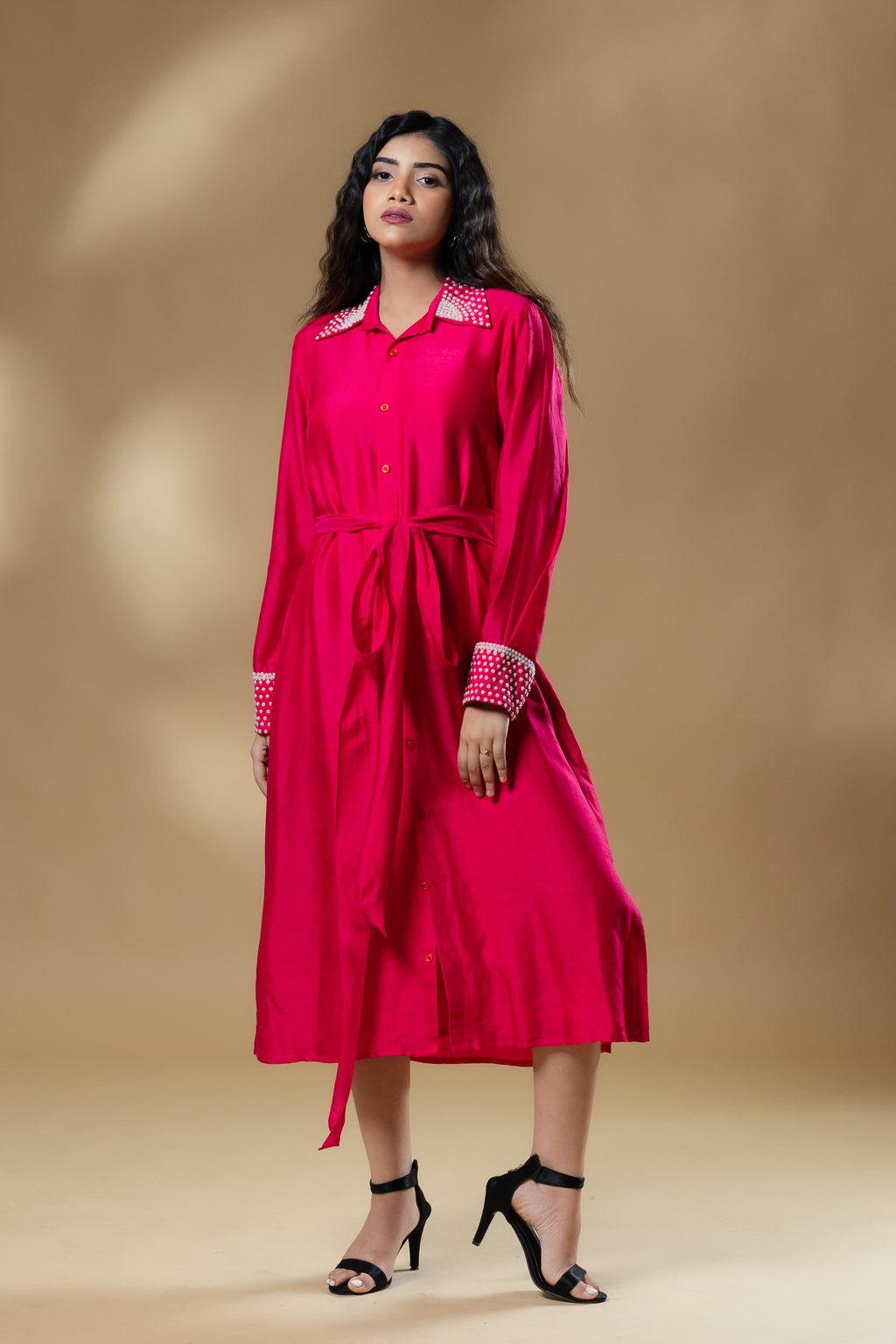 Magenta Pink Bemberg Silk Pearl Embroidered Long Dress