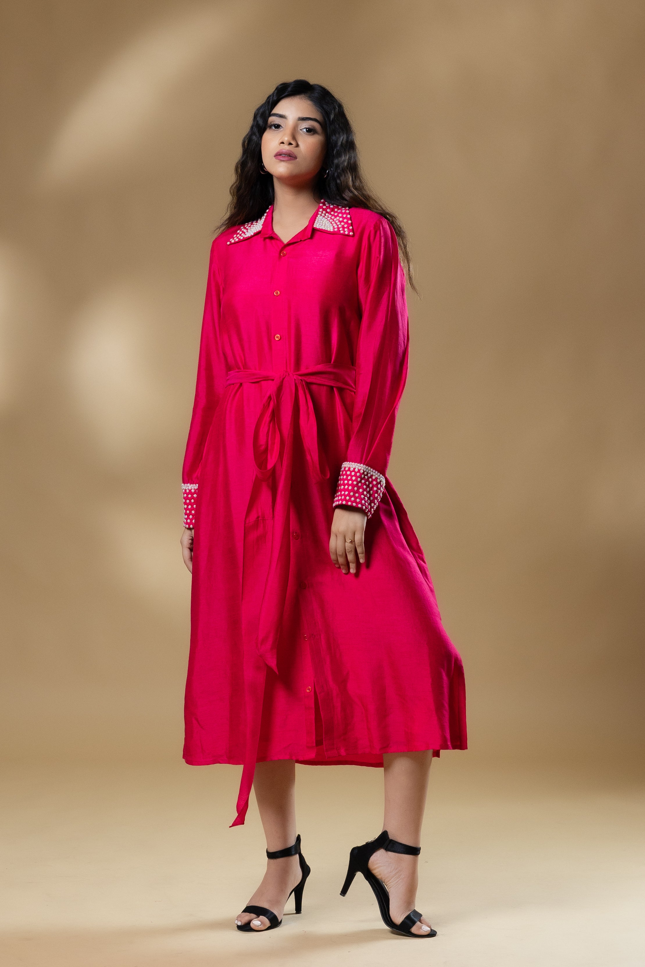 Magenta Pink Bemberg Silk Pearl Embroidered Long Dress