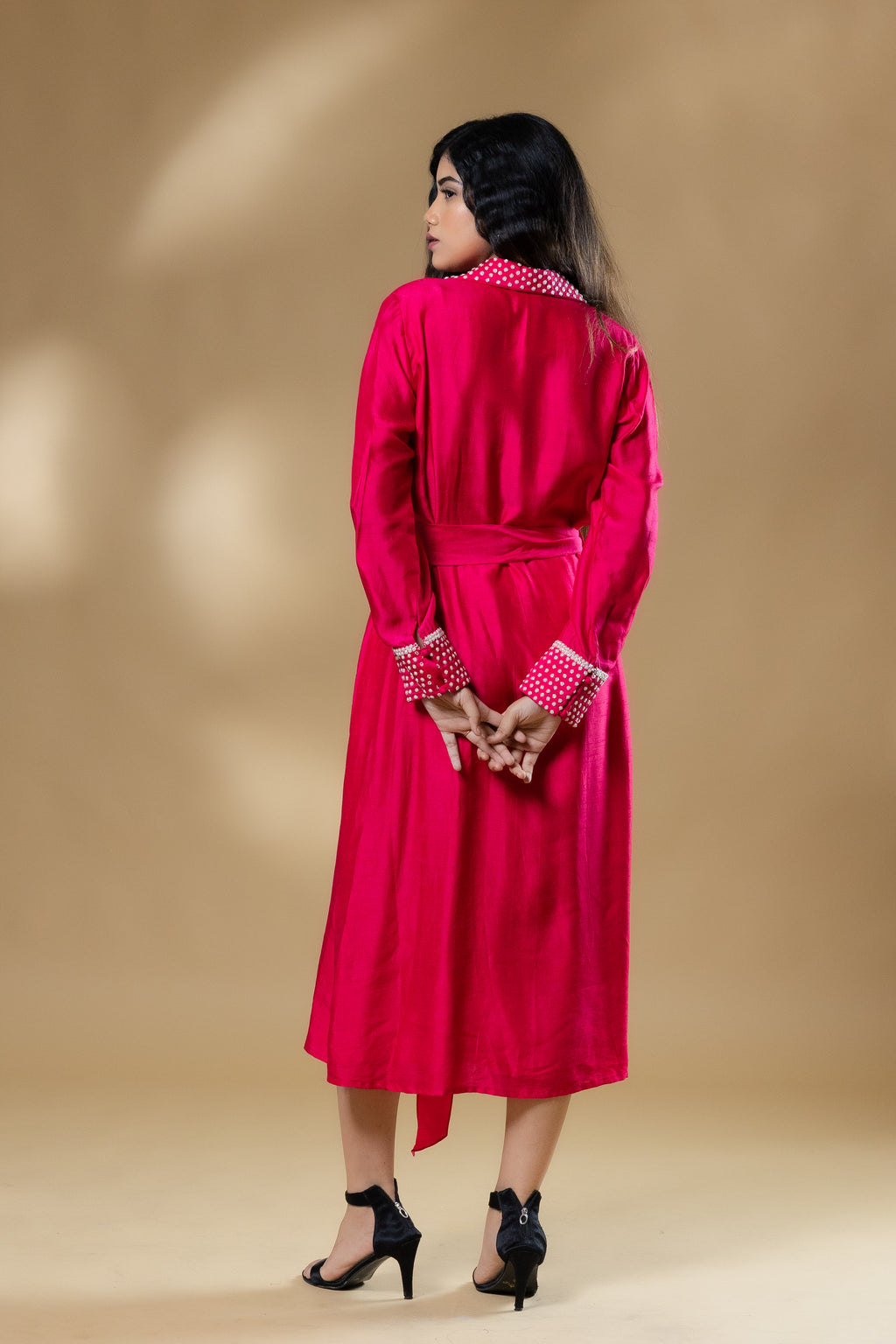Magenta Pink Bemberg Silk Pearl Embroidered Long Dress