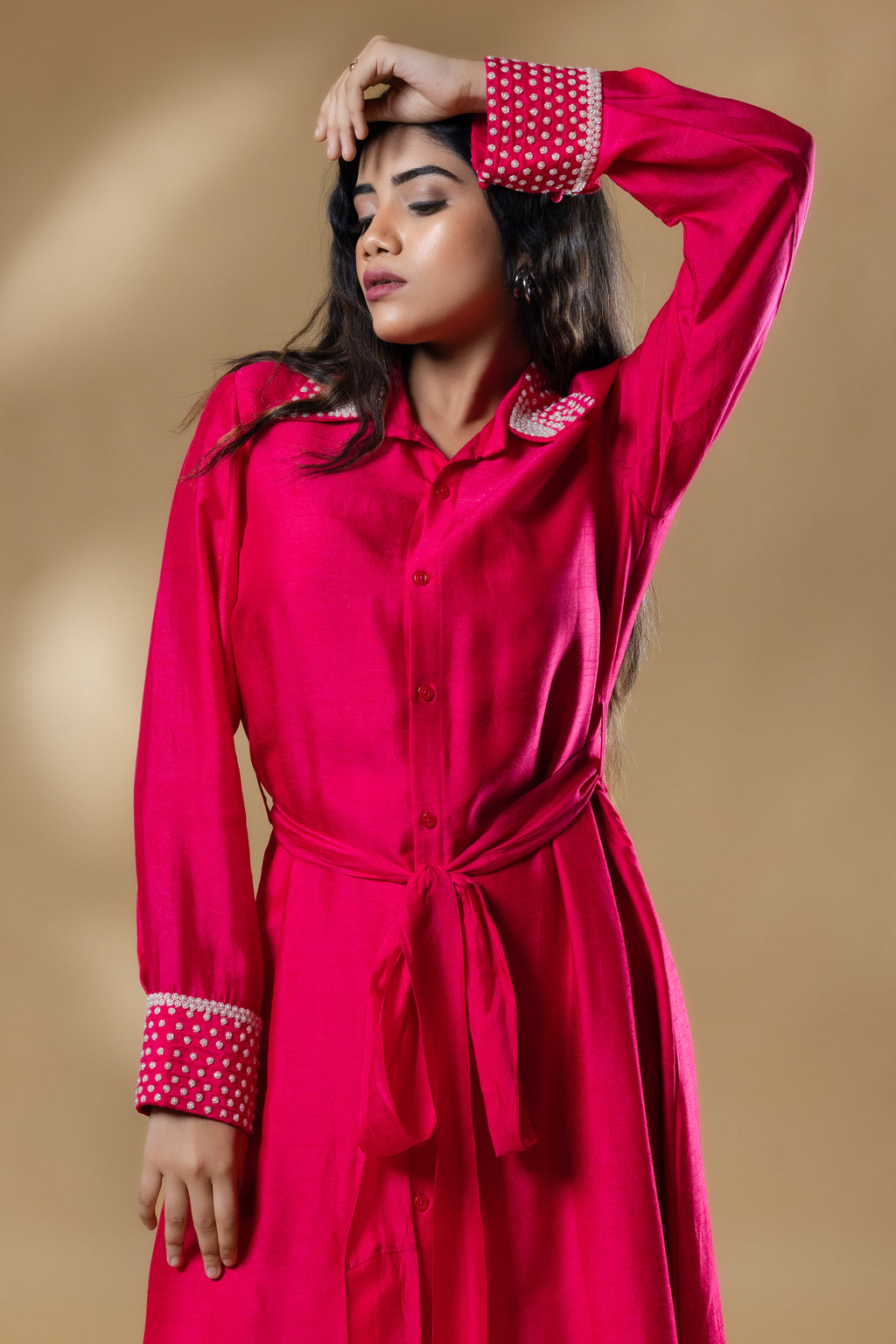 Magenta Pink Bemberg Silk Pearl Embroidered Long Dress