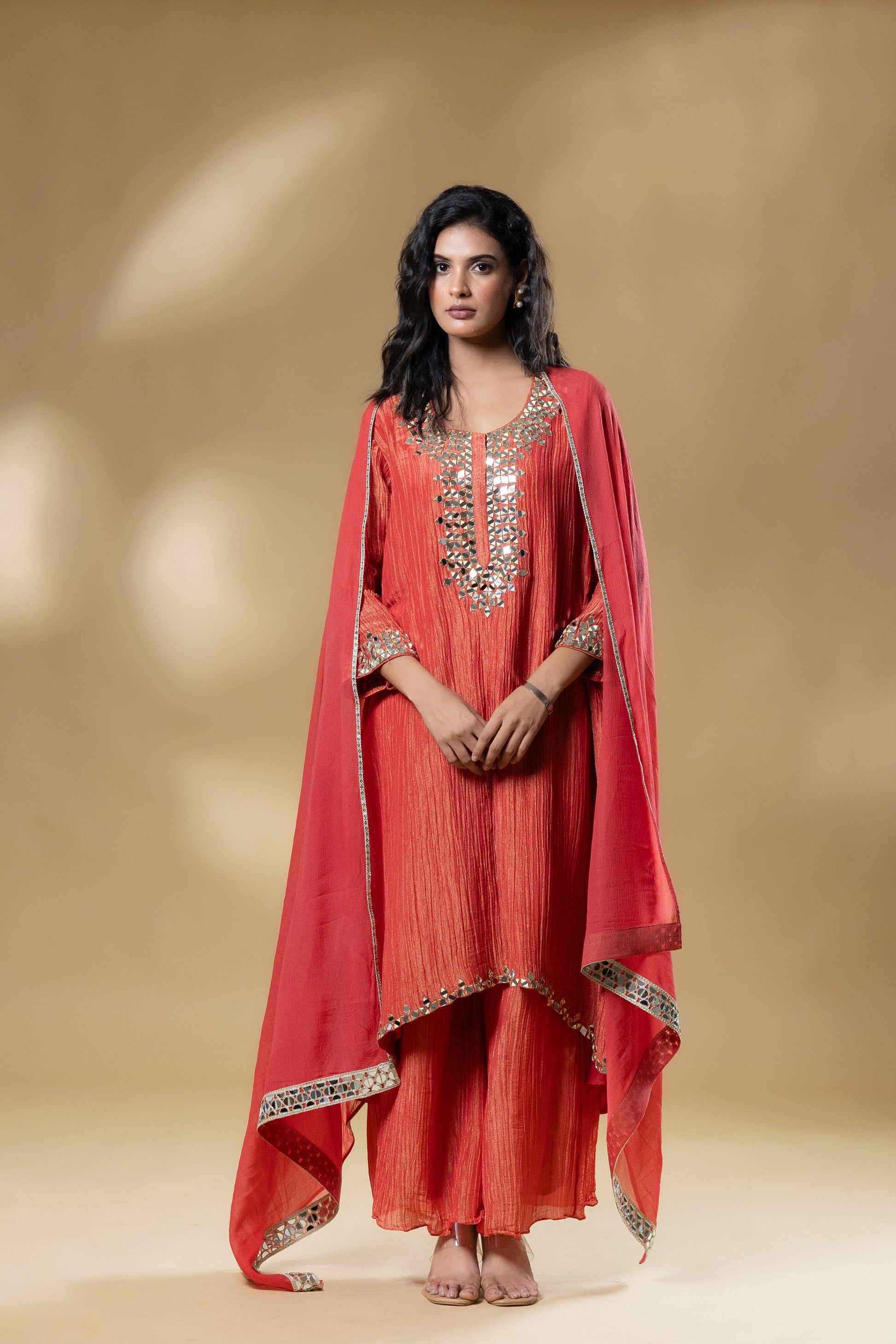 Red Shimmer Crush Mirror Work Dress With Dupatta