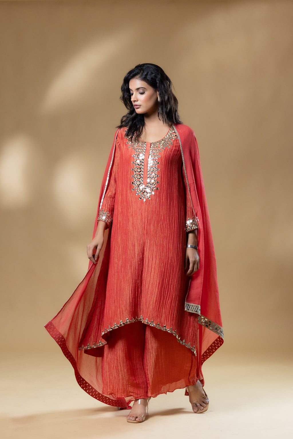 Red Shimmer Crush Mirror Work Dress With Dupatta
