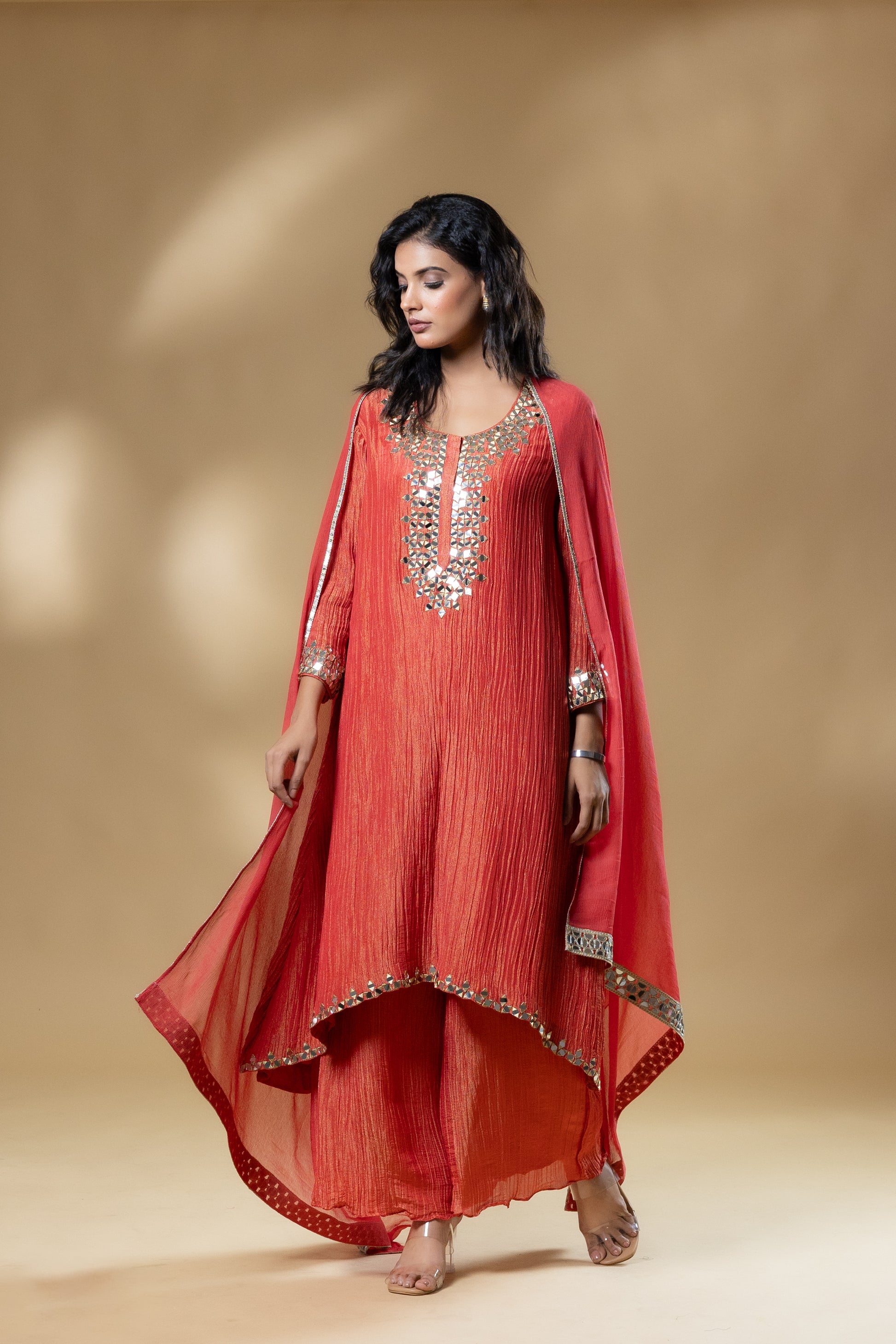 Red Shimmer Crush Mirror Work Dress With Dupatta
