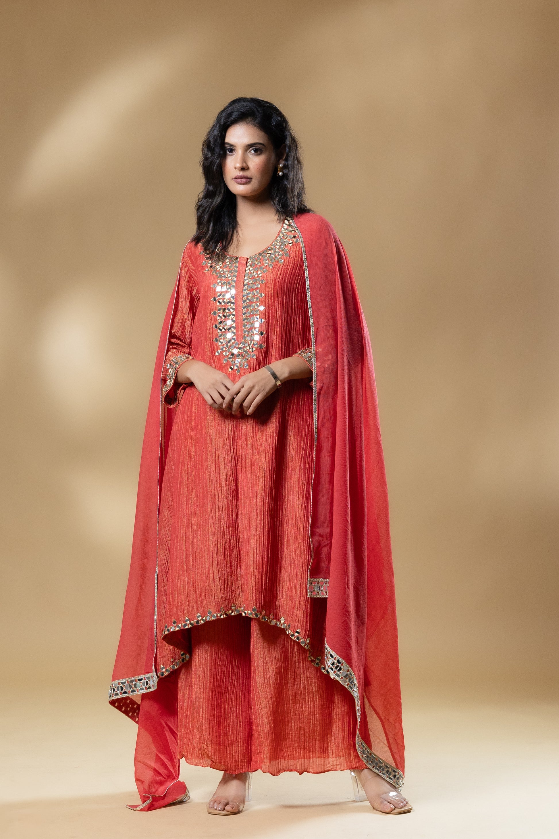 Red Shimmer Crush Mirror Work Dress With Dupatta