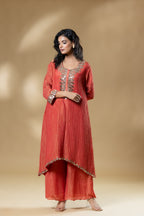 Red Shimmer Crush Mirror Work Dress With Dupatta
