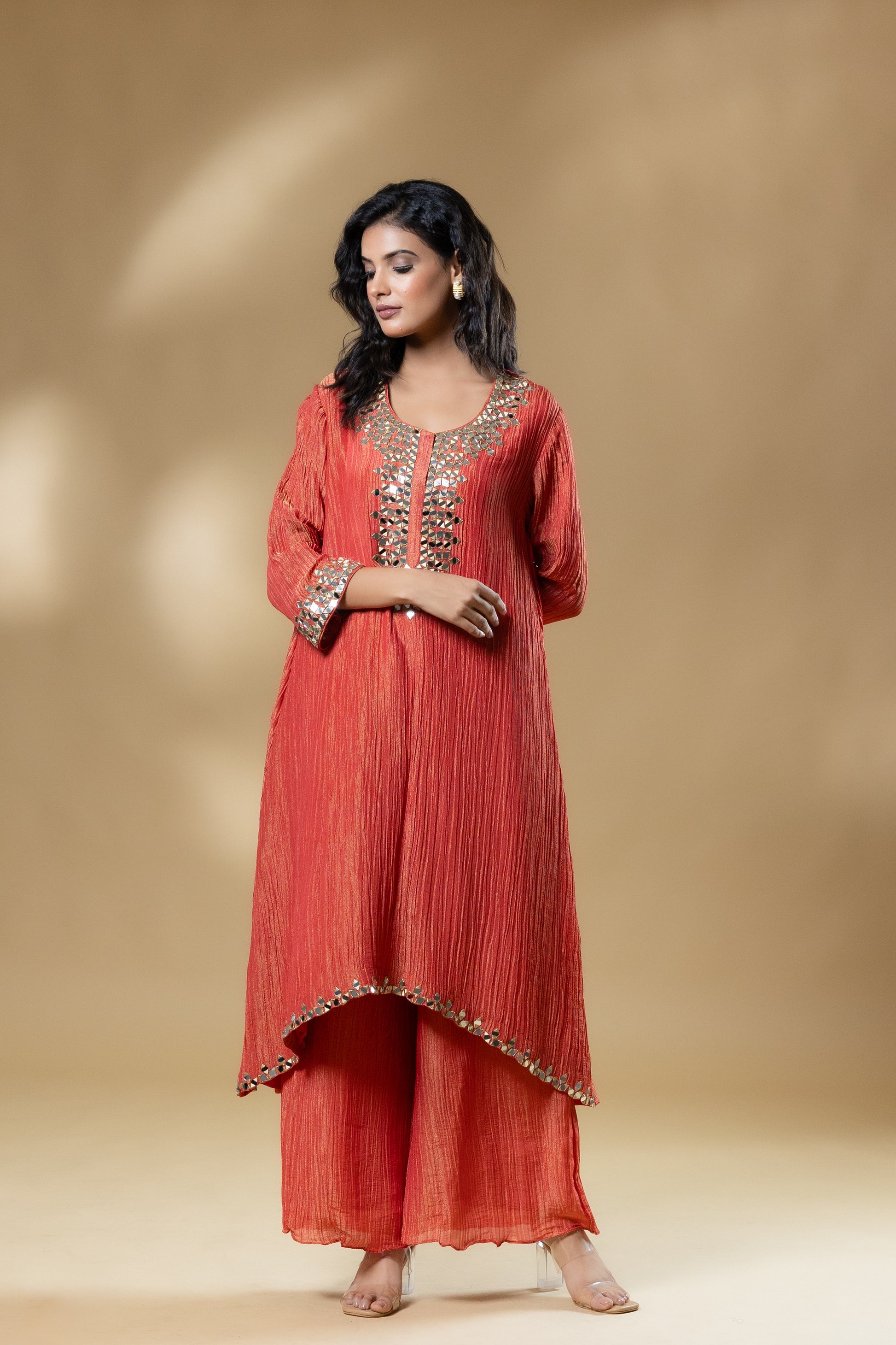 Red Shimmer Crush Mirror Work Dress With Dupatta