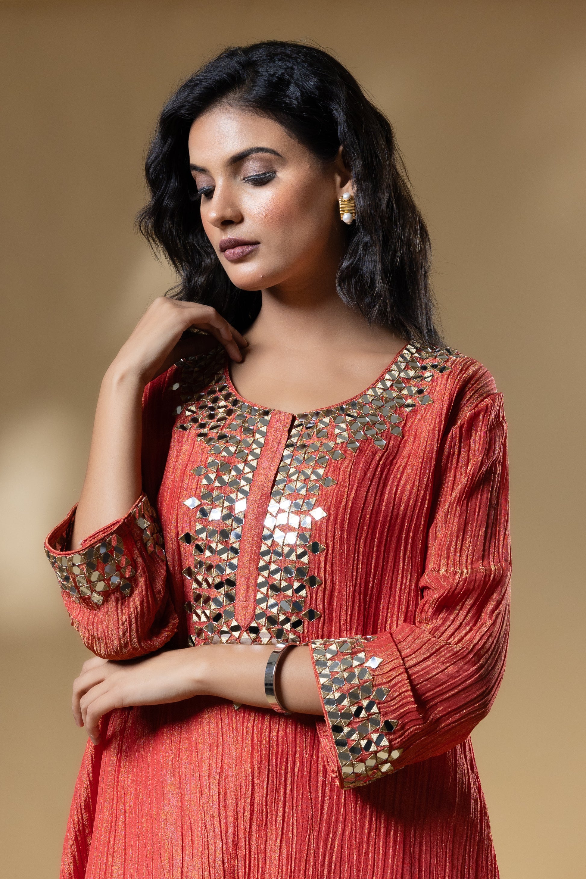 Red Shimmer Crush Mirror Work Dress With Dupatta