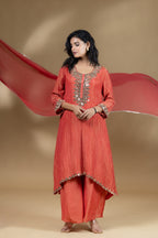 Red Shimmer Crush Mirror Work Dress With Dupatta