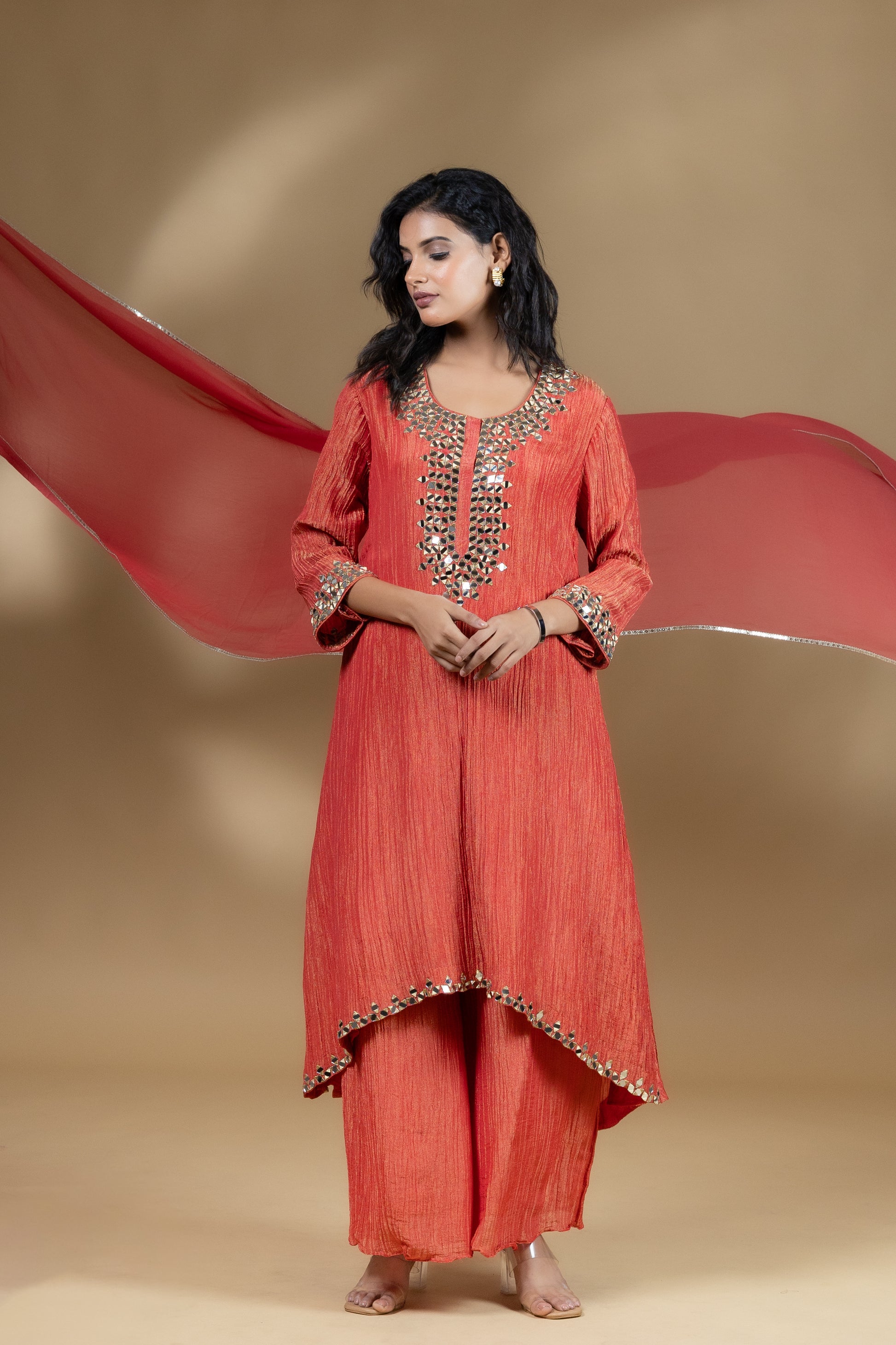 Red Shimmer Crush Mirror Work Dress With Dupatta