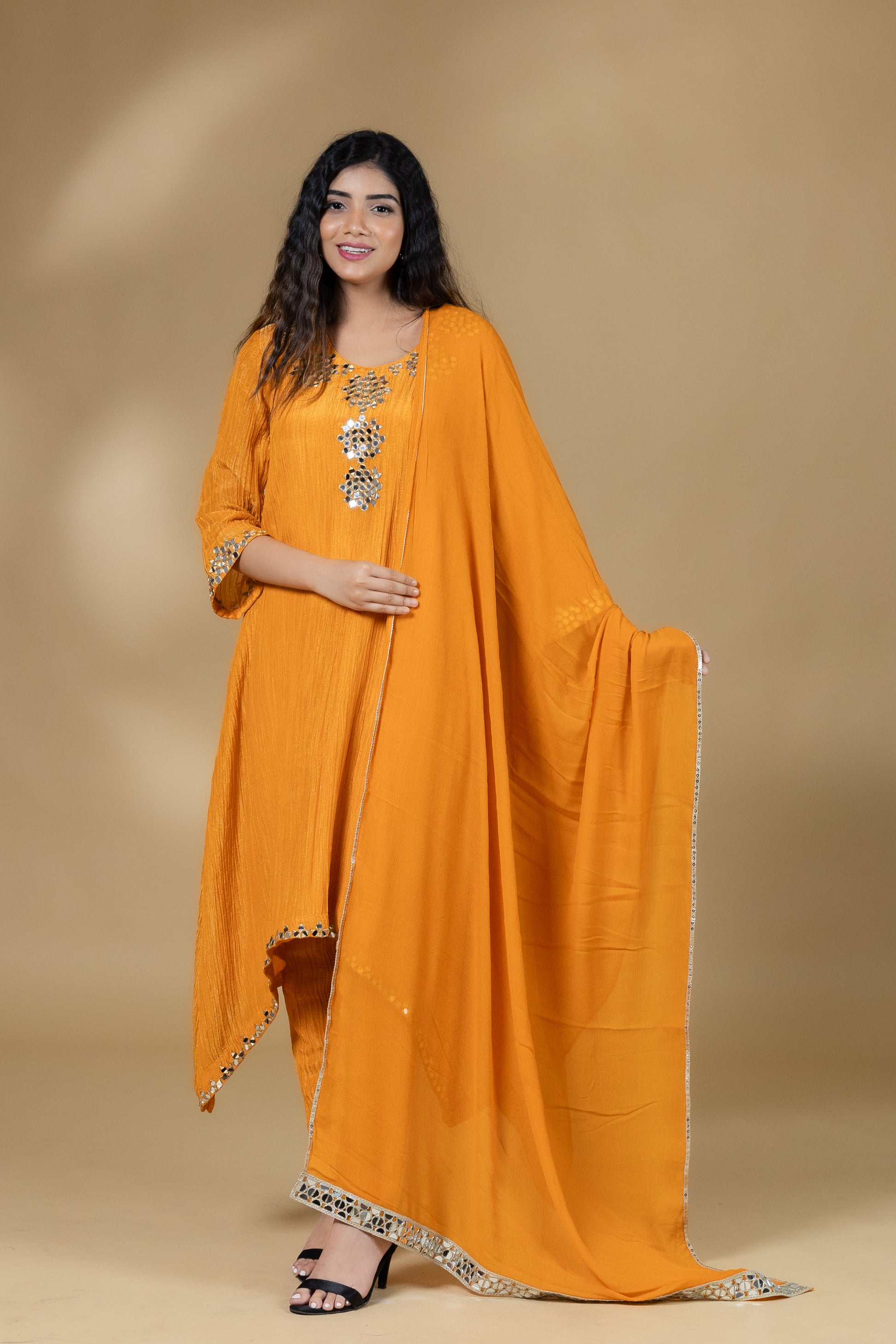Orange Shimmer Crush Mirror Work Dress Without Dupatta