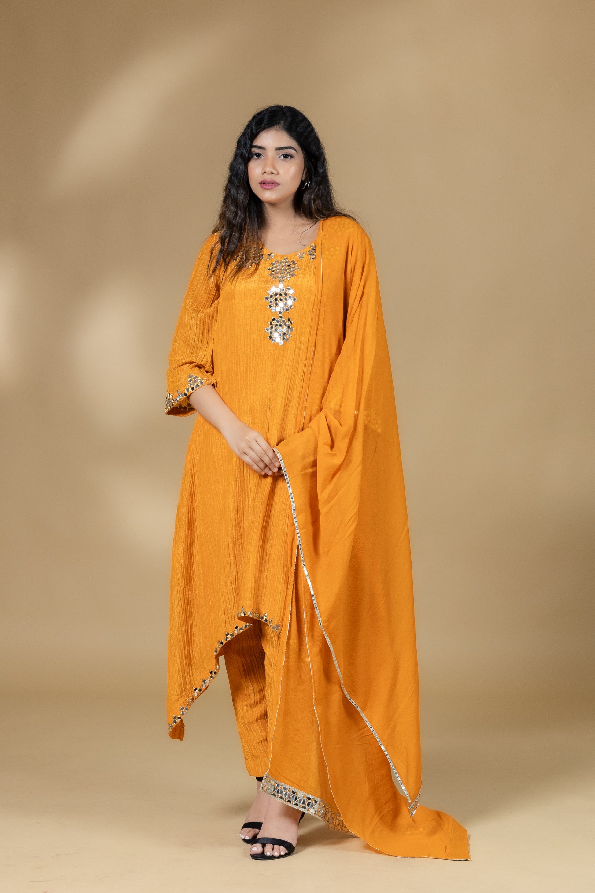 Orange Shimmer Crush Mirror Work Dress Without Dupatta