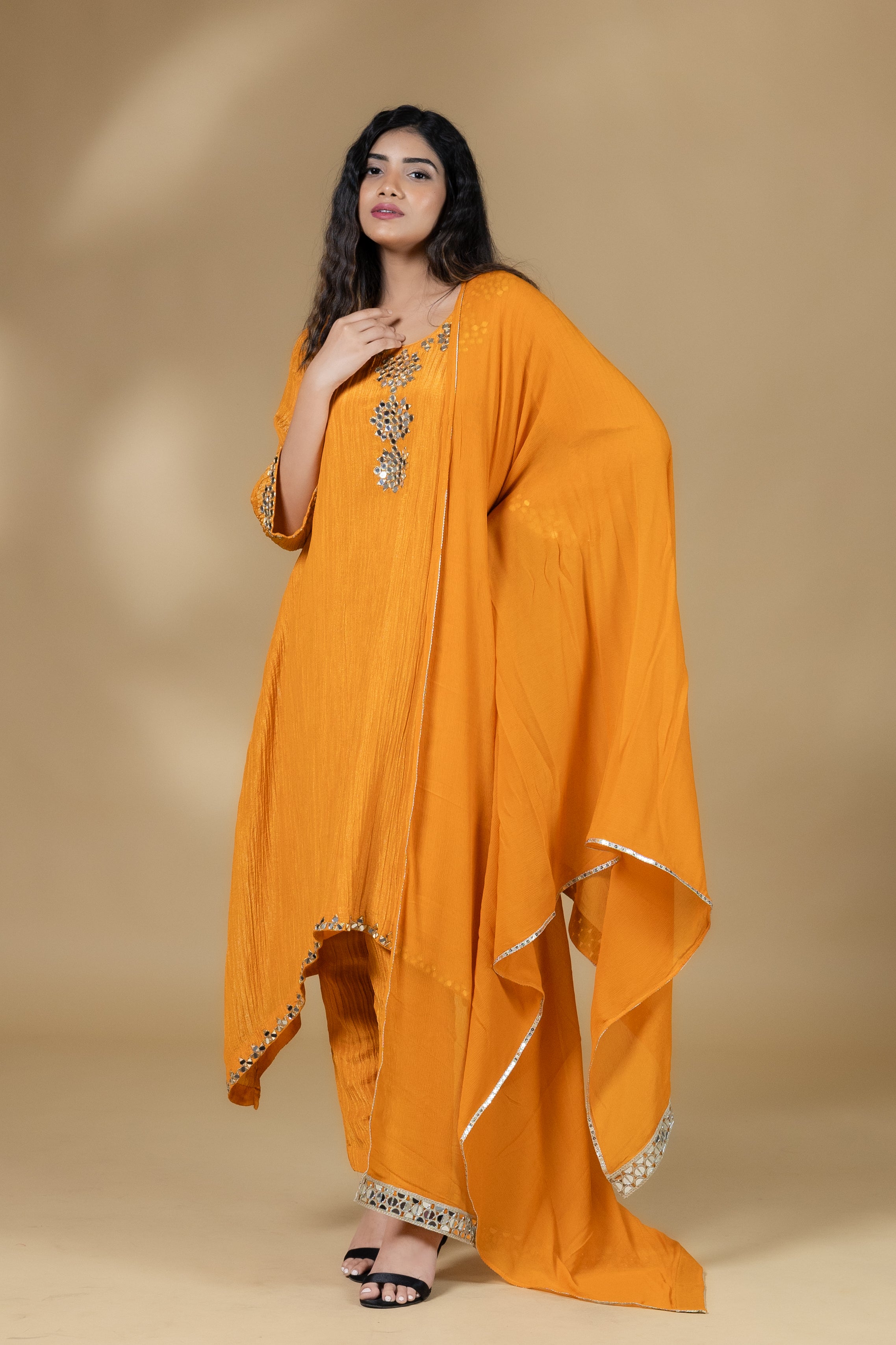 Orange Shimmer Crush Mirror Work Dress With Dupatta
