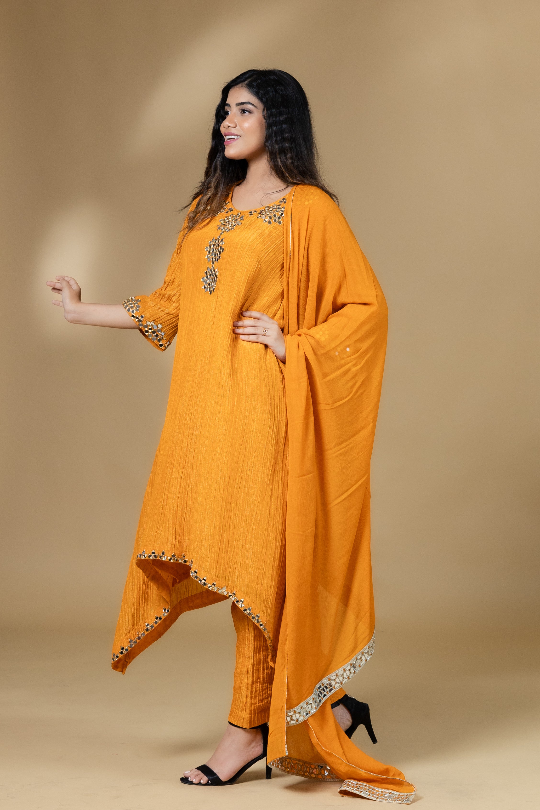 Orange Shimmer Crush Mirror Work Dress With Dupatta