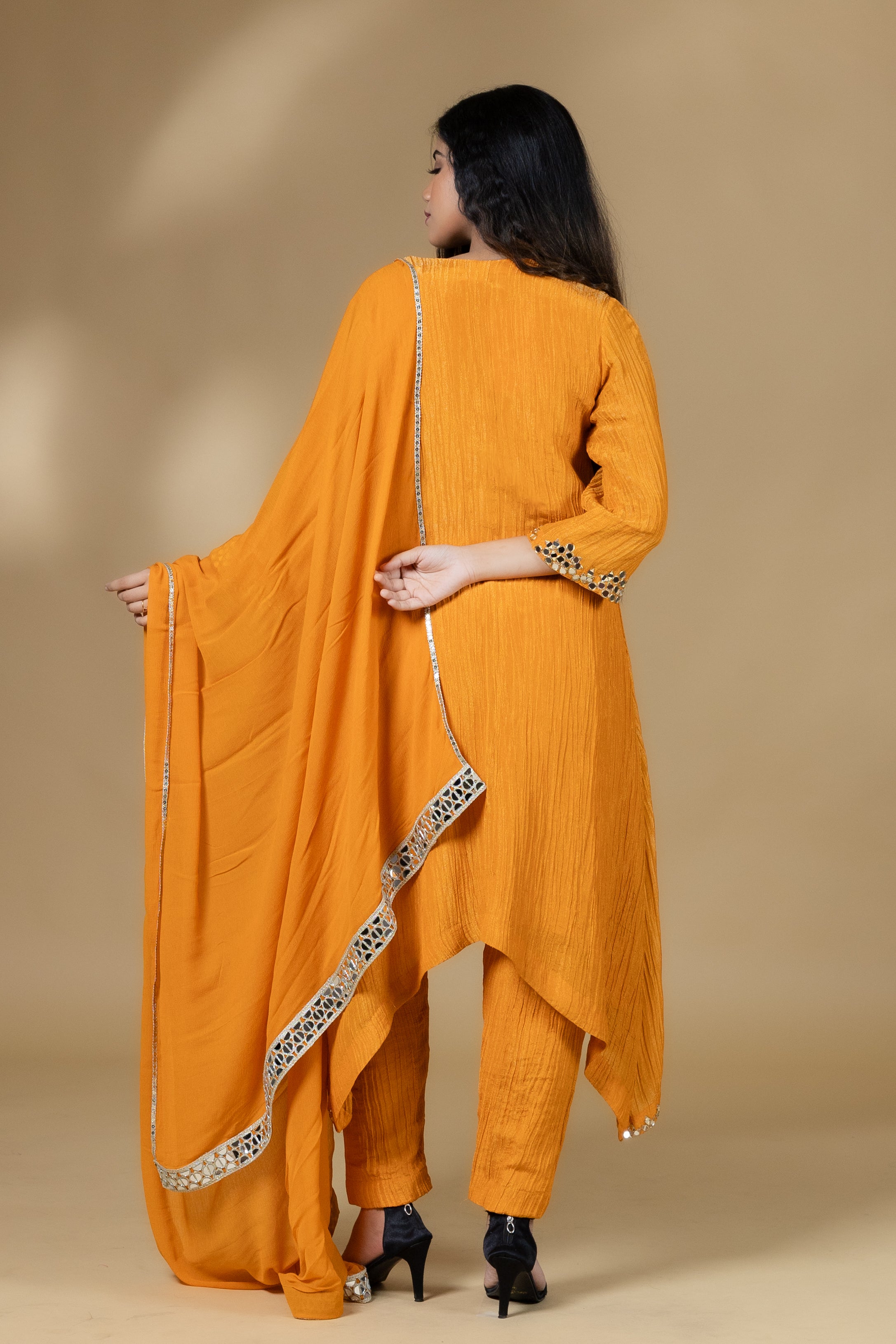 Orange Shimmer Crush Mirror Work Dress With Dupatta