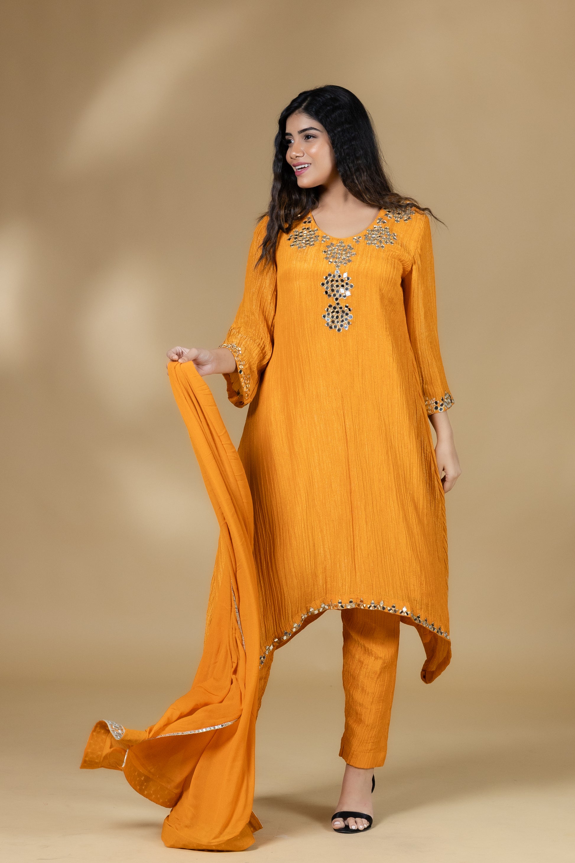 Orange Shimmer Crush Mirror Work Dress Without Dupatta