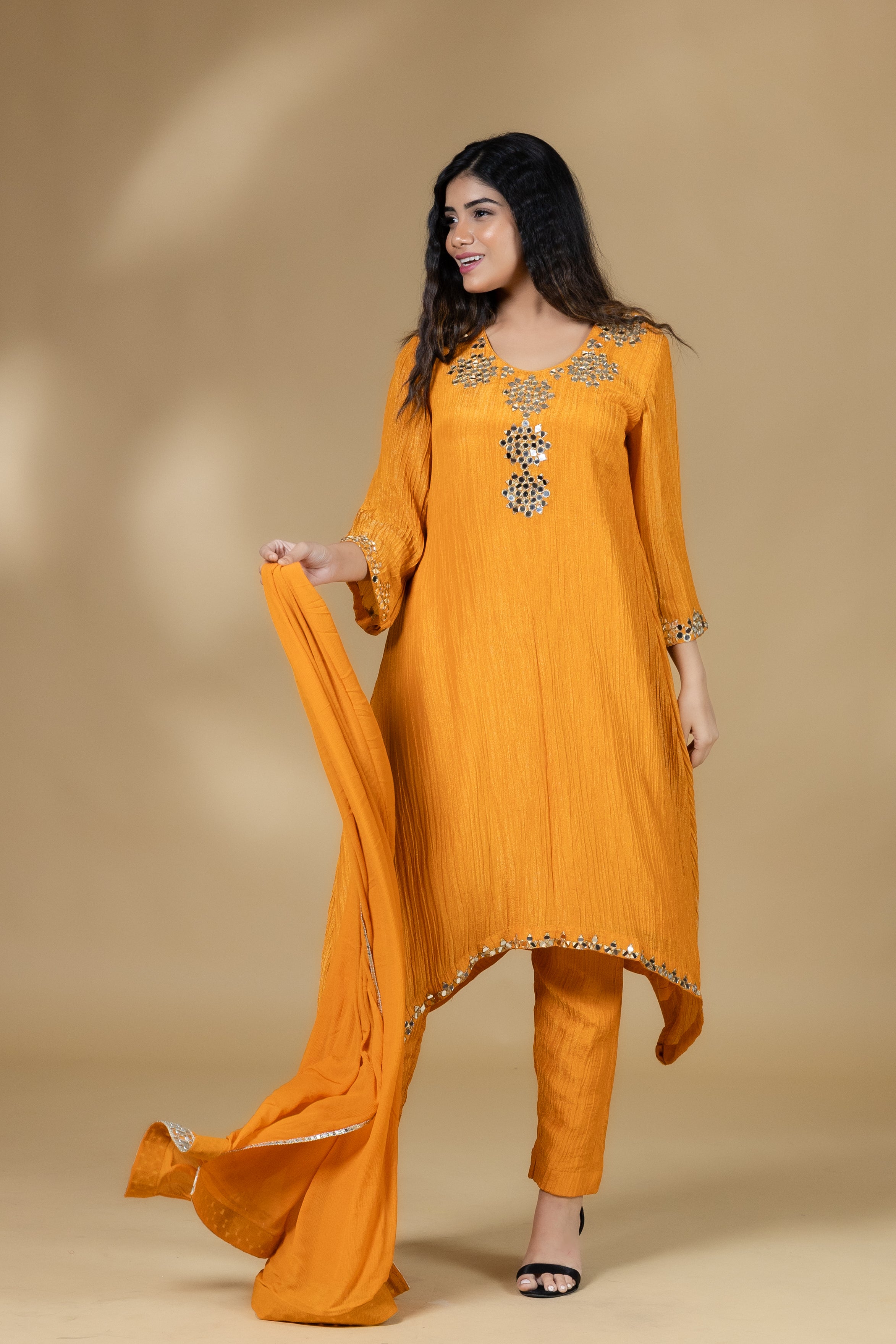 Orange Shimmer Crush Mirror Work Dress With Dupatta