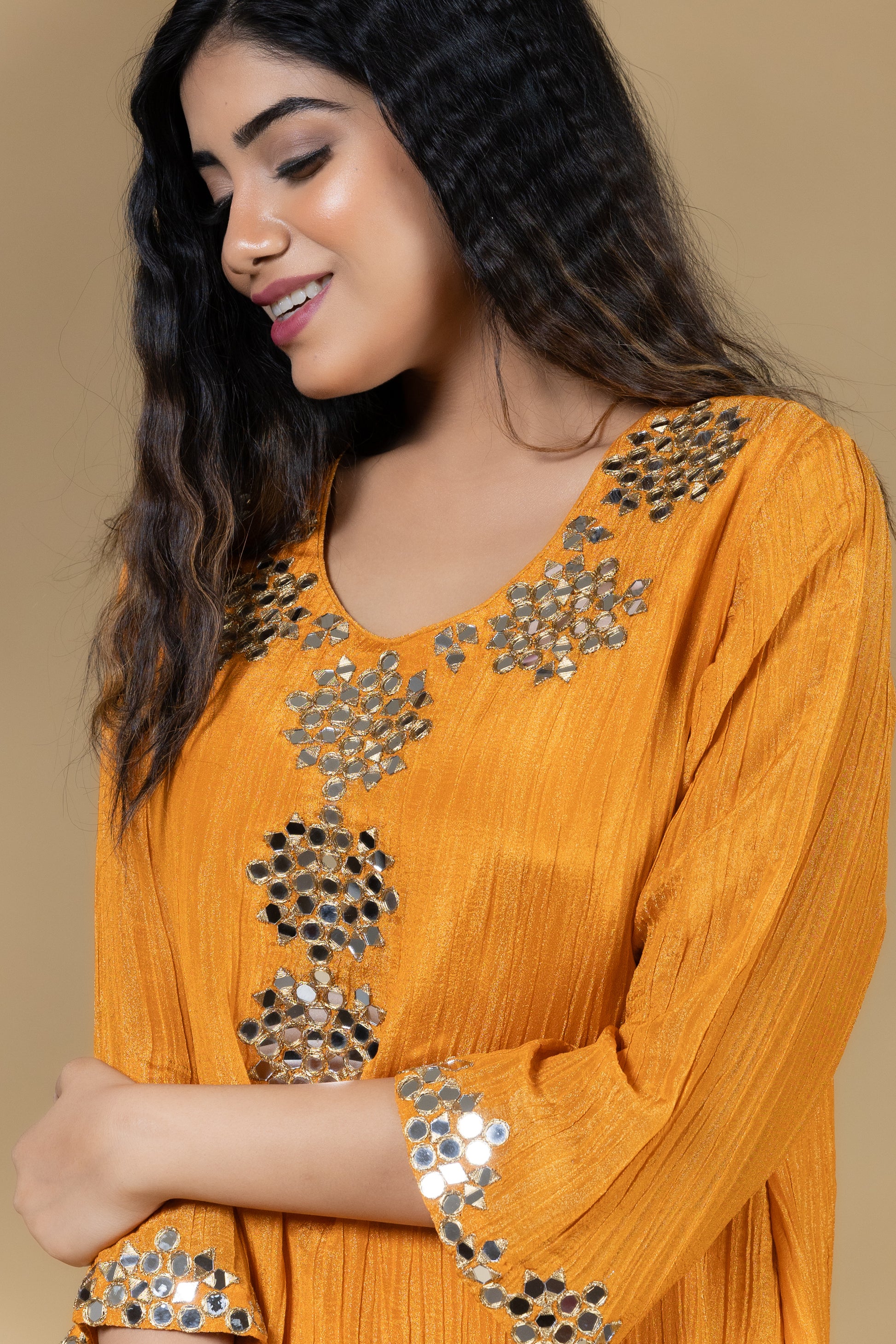 Orange Shimmer Crush Mirror Work Dress Without Dupatta