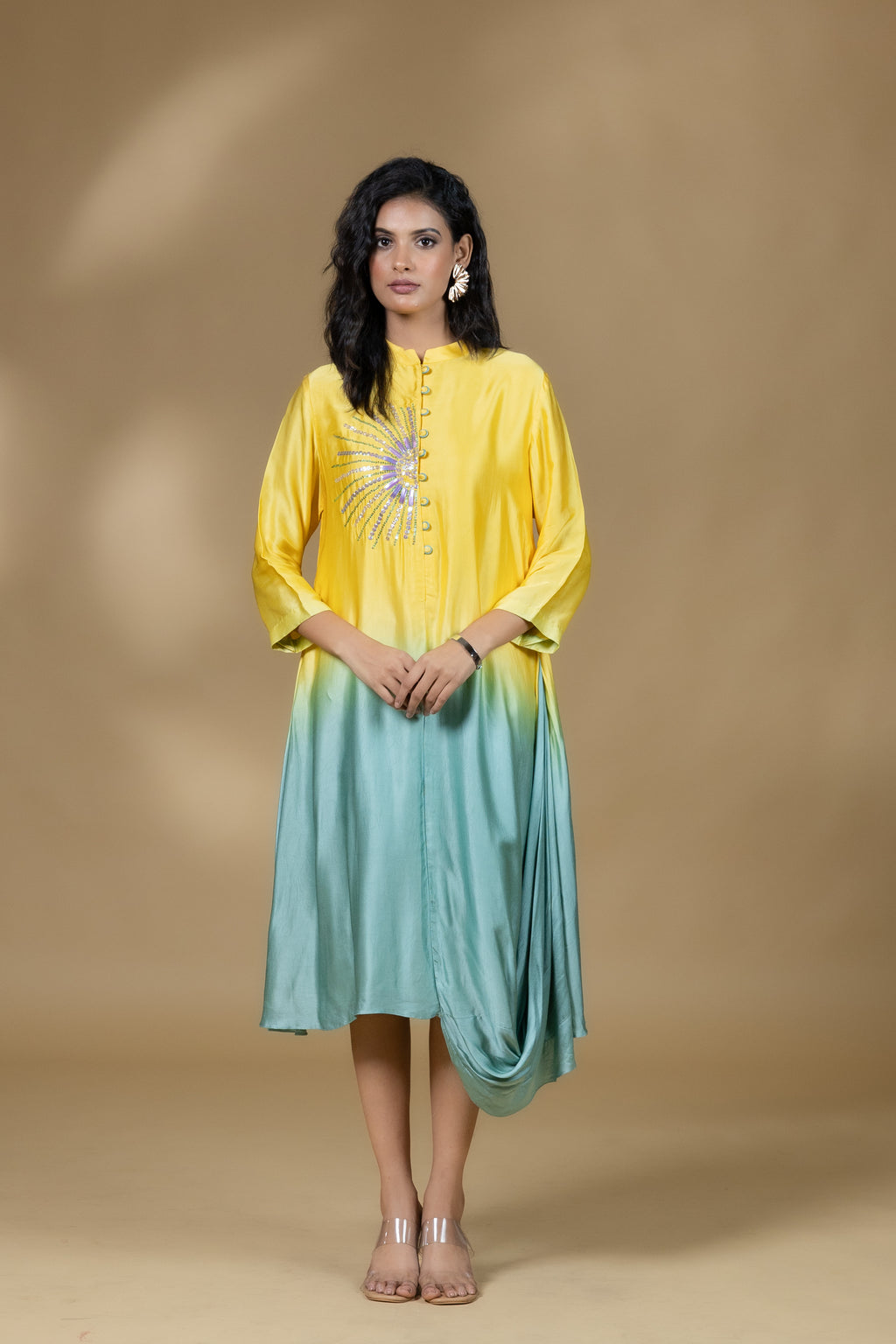 Yellow Ombre Satin Sunrays Long dress