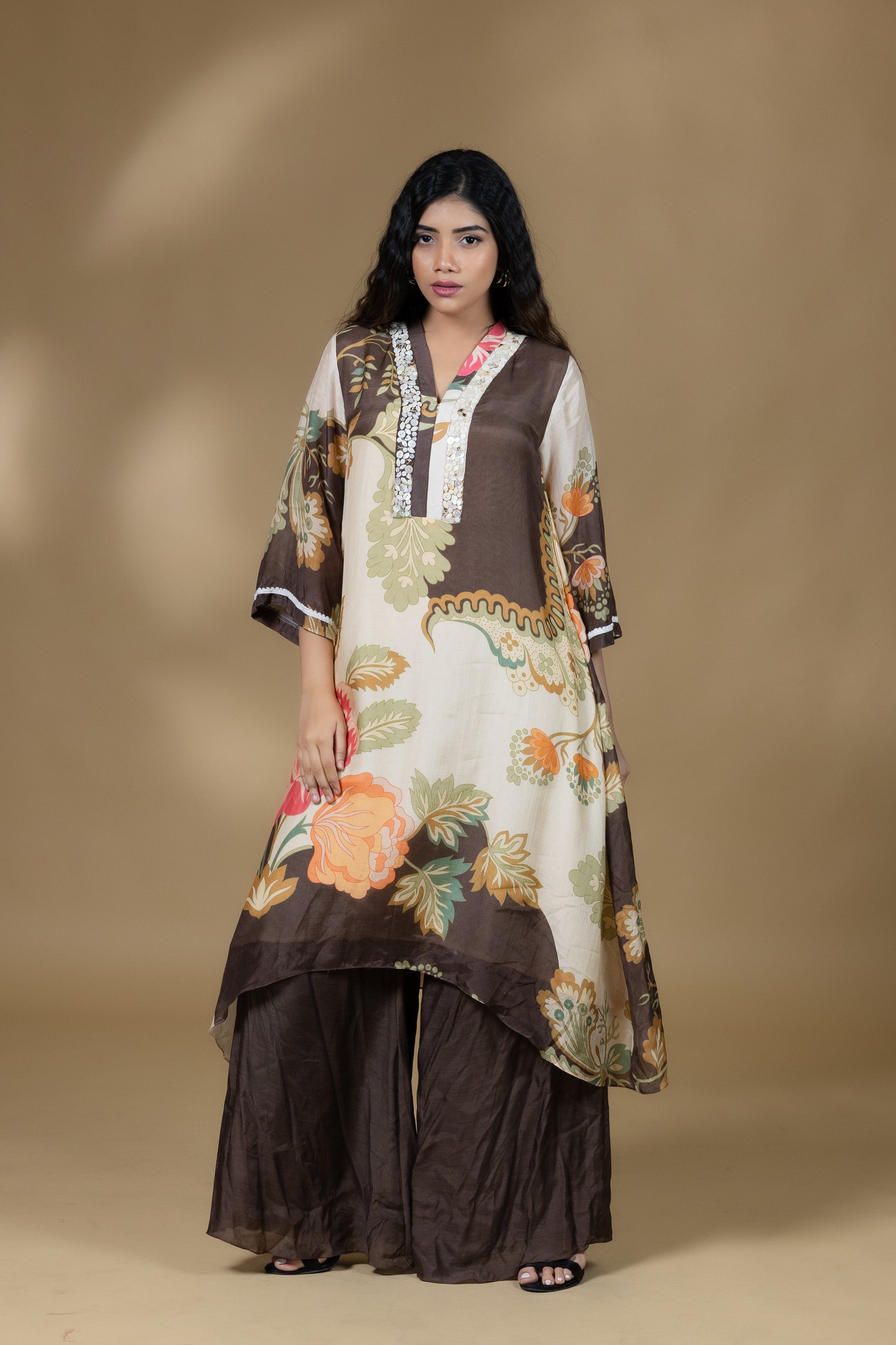 Printed Embellished Floral Co-ord in Brown