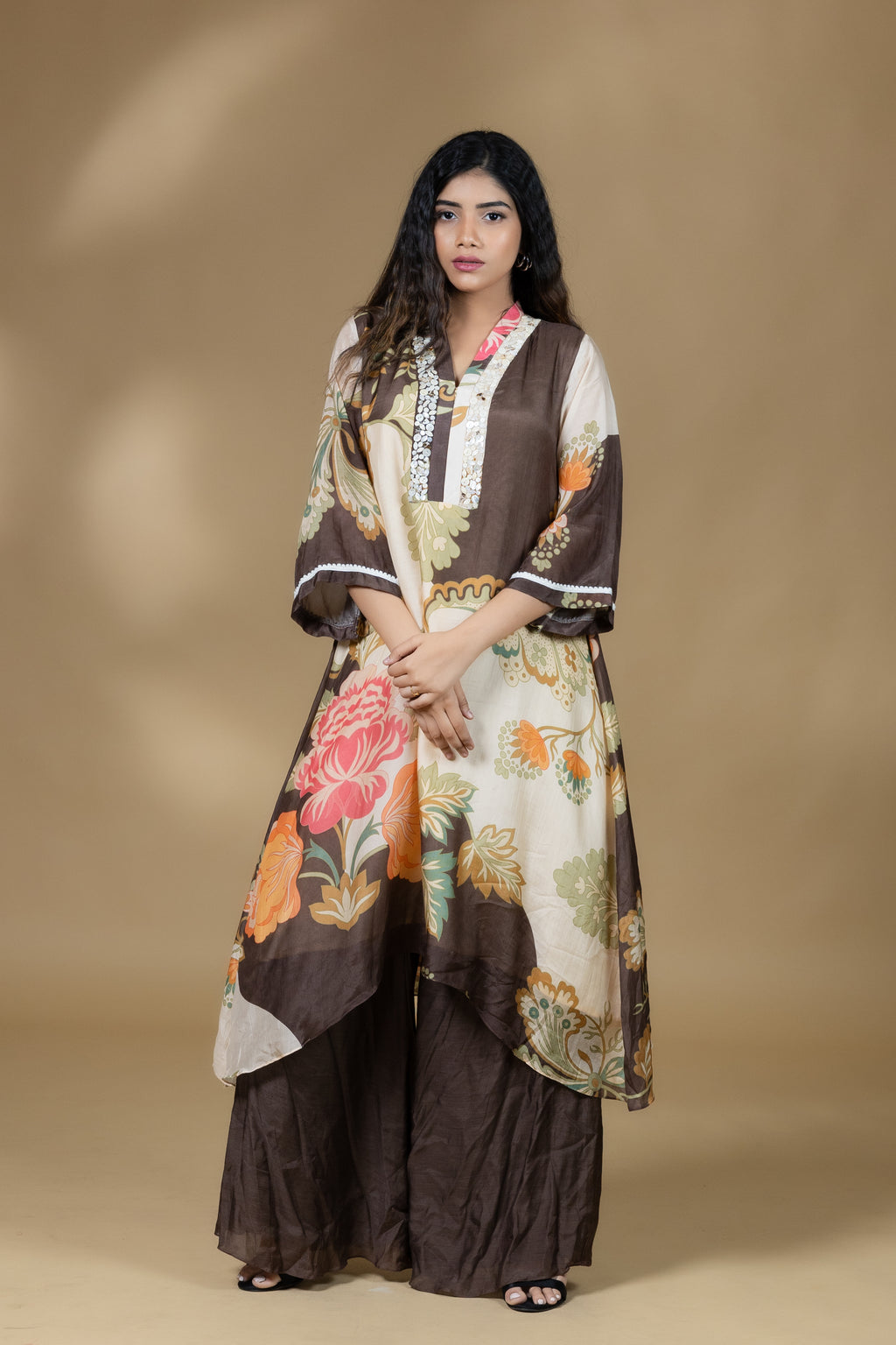 Printed Embellished Floral Co-ord in Brown