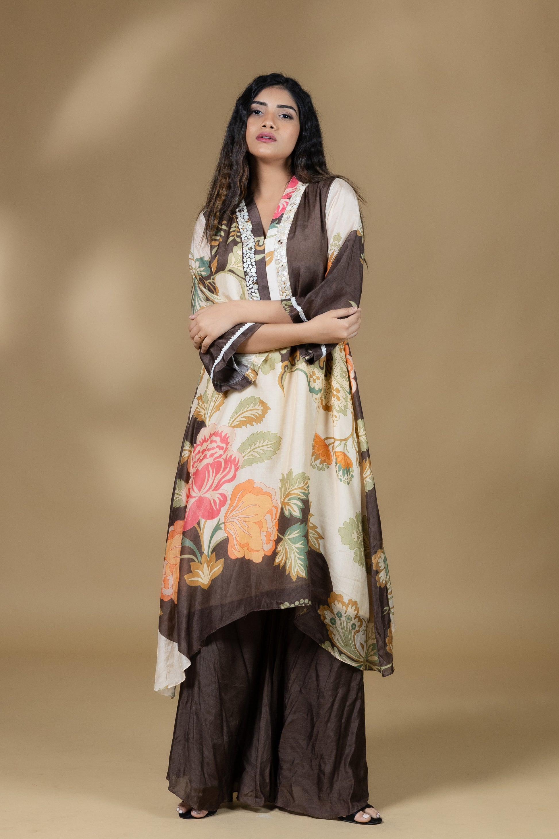 Printed Embellished Floral Co-ord in Brown
