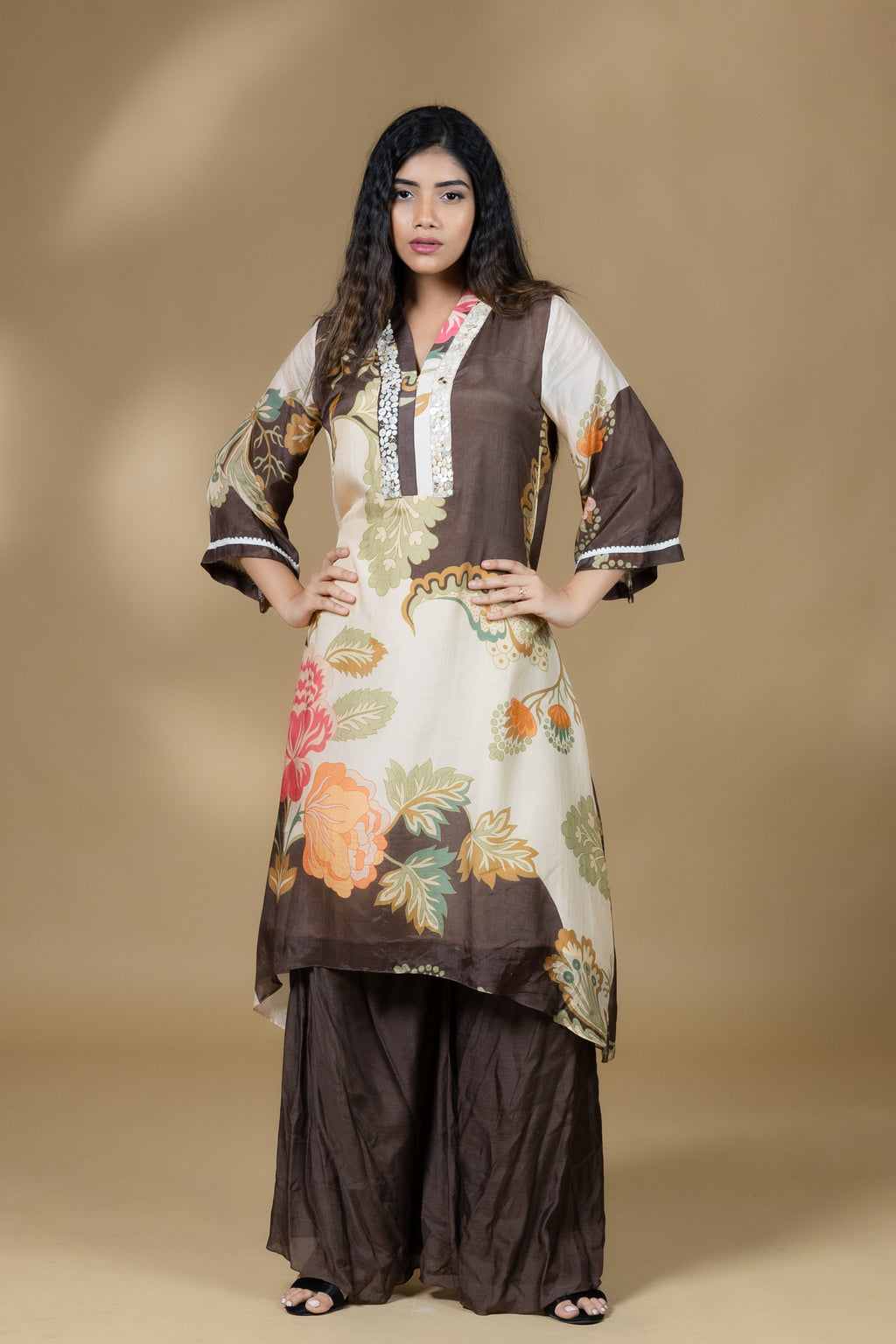 Printed Embellished Floral Co-ord in Brown